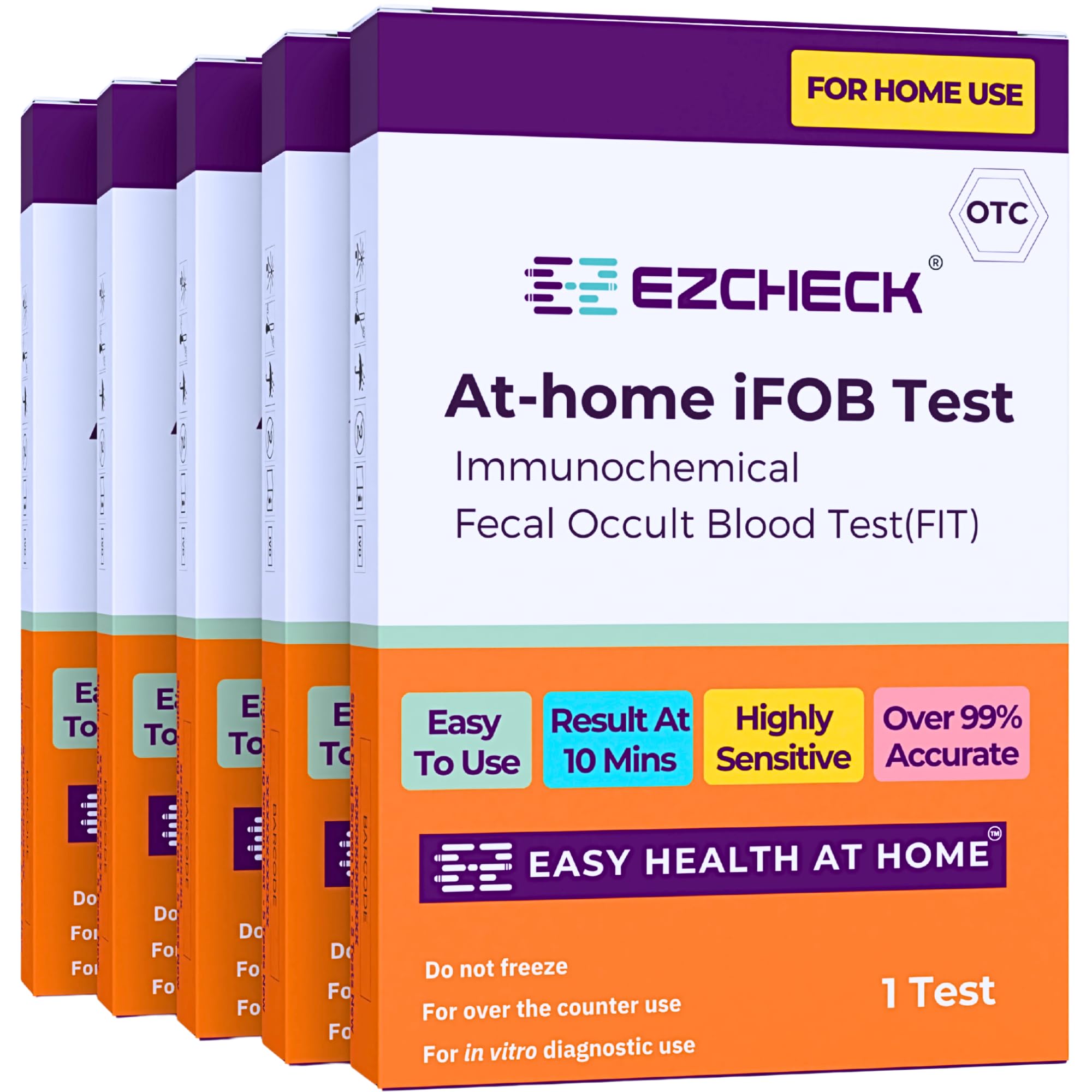 EZCHECK® at-Home iFOB Test (5 Tests) Immunochemical Fecal Occult Blood Test (FIT) for Colon Health Screening, Colon Cancer Screening, Colorectal Cancer Screening, Colon Disease Test