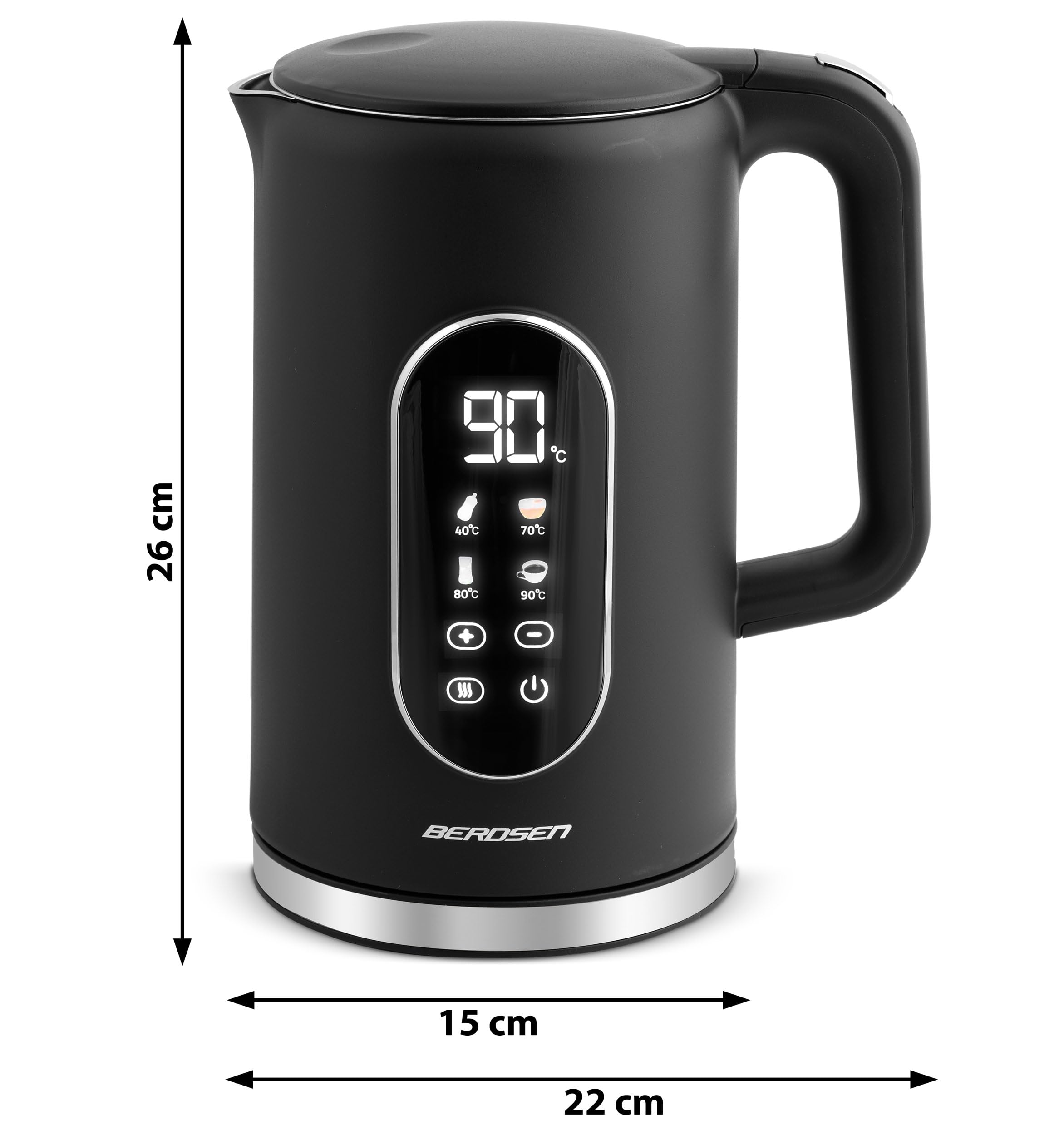 Berdsen Czajnik elektryczny - 1,7 L - Z dotykowym wyświetlaczem - Ustawienia temperatury - Ochrona przed gotowaniem na sucho - Obrotowa podstawa 360° - Czarno - srebrny