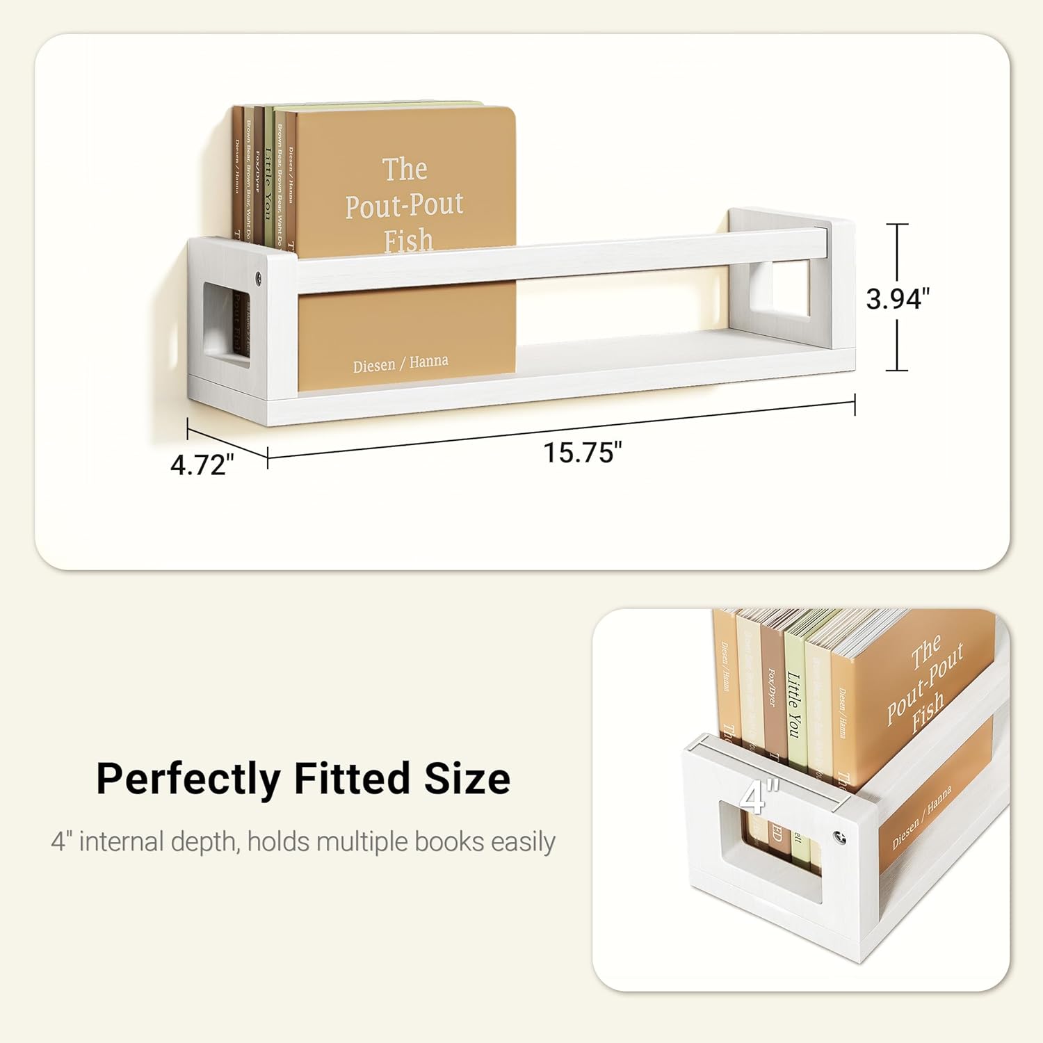 TidyCorner Upgraded Thick Floating Shelves, Solid Wood Bookshelf for Wall, Floating Book Shelves Use as Wall Shelves for Bedroom, Kids Room, Nursery, Books, Spice Rack & Decor - White