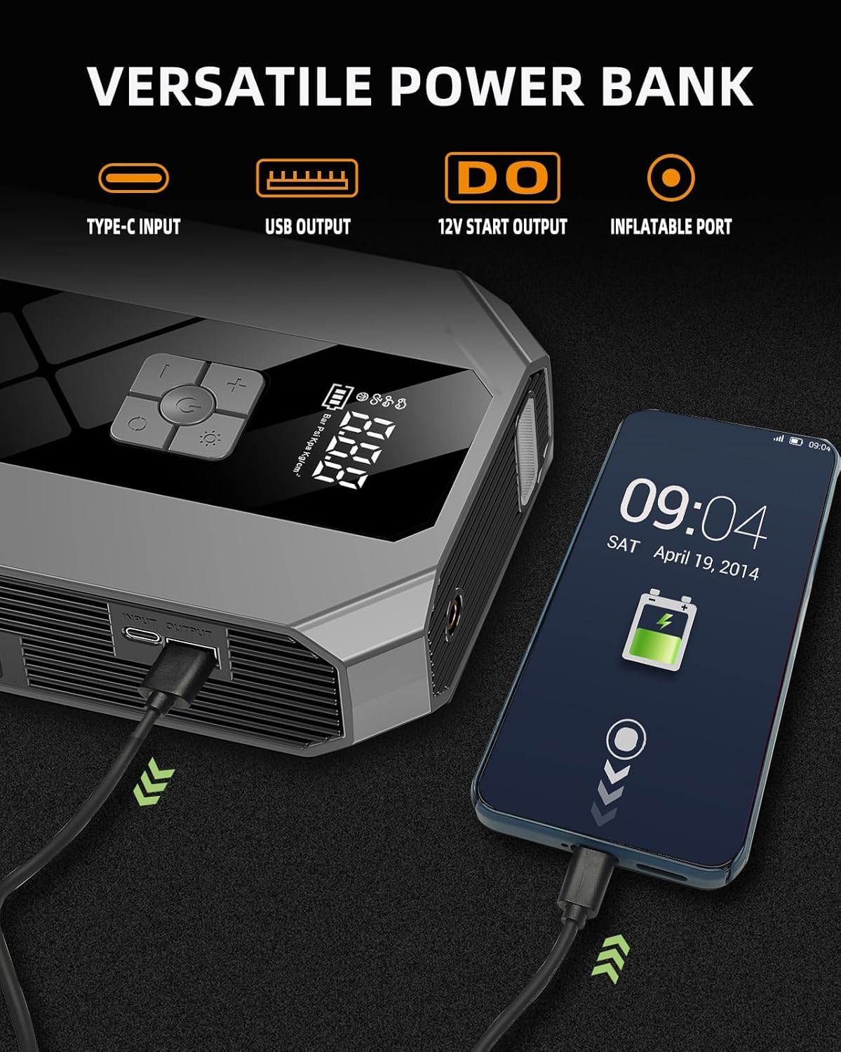 Sharmeal Jump Starter charging a smartphone