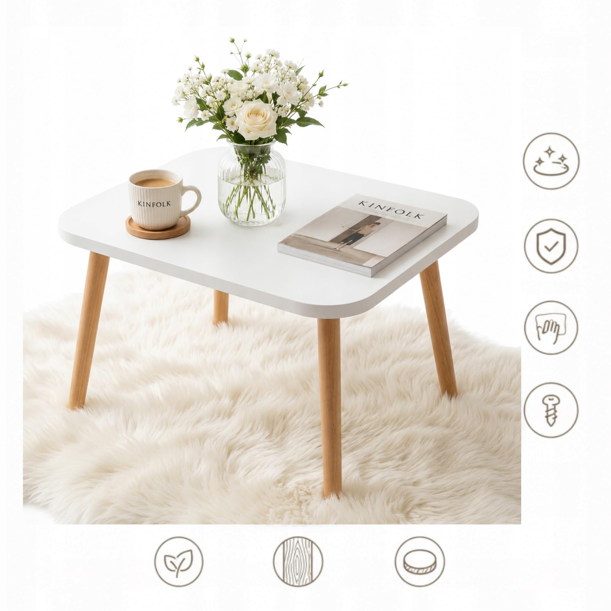PlayPals Couchtisch Weiss Rechteckig 70x50 cm – Skandinavischer Wohnzimmertisch Holzbeine, Sofatisch Modern, Beistelltisch Holz MDF, Tisch Wohnzimmer