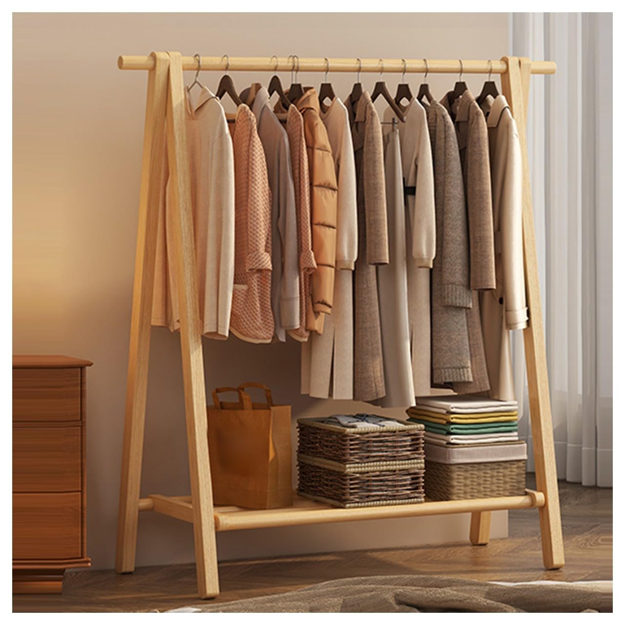 FGXHHS Foldable Wooden Clothes Rack - Coat Stand with Sto Shelf, Max Load 100kg, Versatile Garment for Wardrobe Sizes 60/80/100/120CM