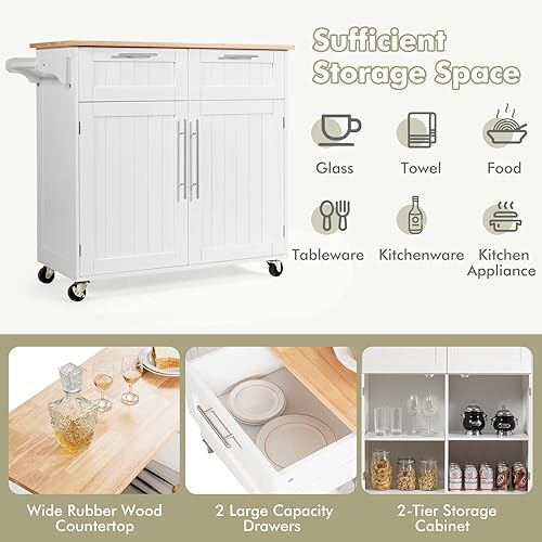 Miniatura 3 de SILKYDRY Isla de cocina con almacenamiento, carrito de almacenamiento de cocina con estantes ajustables, parte superior de madera de goma, toallero,