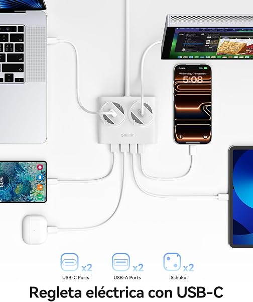 ORICO PowerBrick 6-in-1 Power Strip Sockets White – 2 AC Outlets + 4 USB (2 USB-C PD), Quick Charge 25W GAN, Cable 1.6 m, 2500 W MAX for Home, Office, Table (PDC) - 2