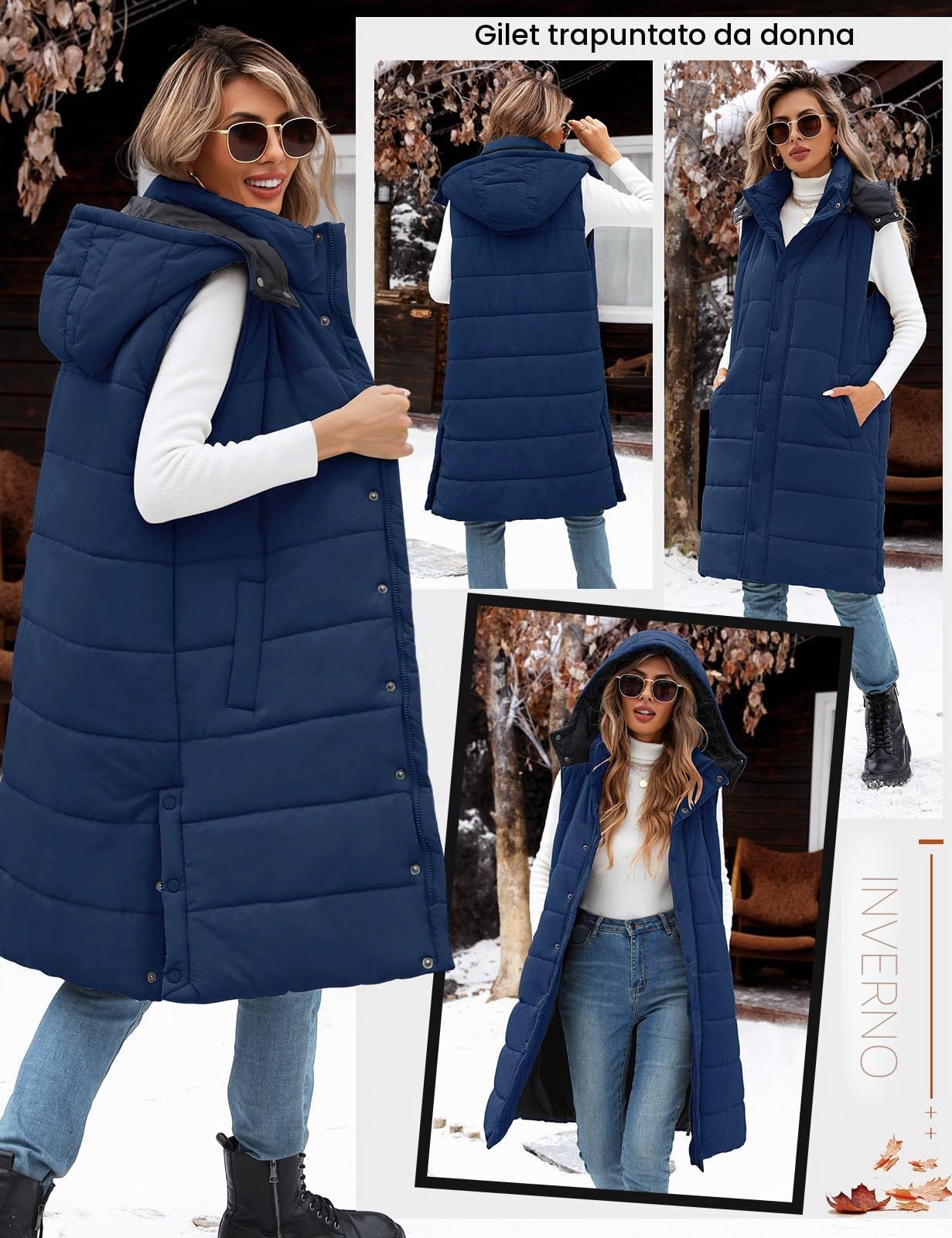 Tuopuda Gilet Donna Lungo, Smanicato Piumino Invernale, Gilet con Cappuccio Cappotto Senza Maniche Termico Giubbotto Imbottito Giacca Trapuntato con Cerniera
