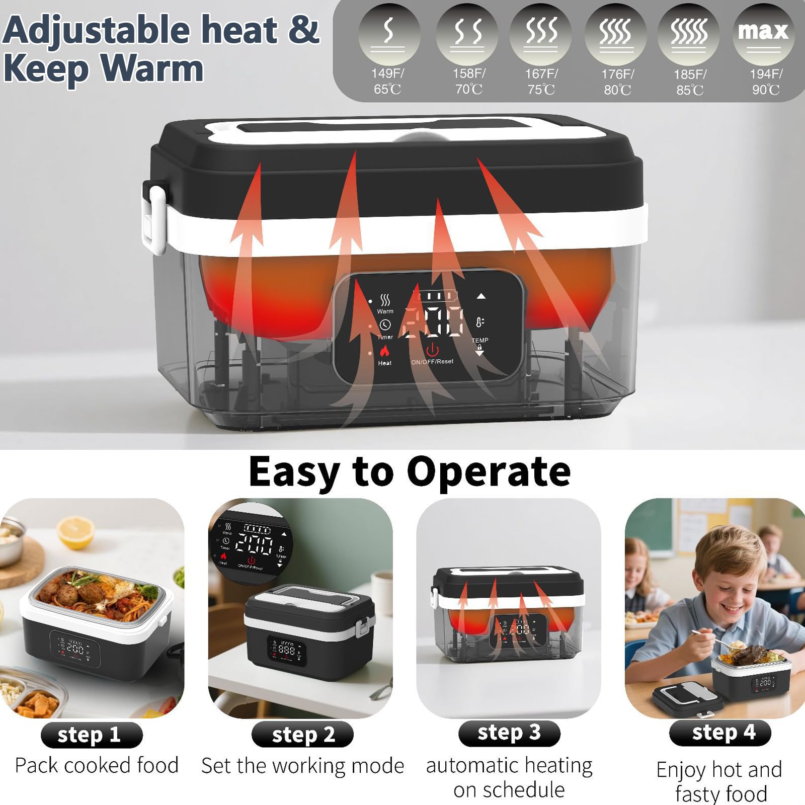 Boîte à lunch électrique sans fil pour adultes, 1L 16000mAh Rechargeable Gamelle Chauffante, lunch box chauffante à piles avec chauffage automatique,pour pour Voyage,Bureau,pique-nique (black)