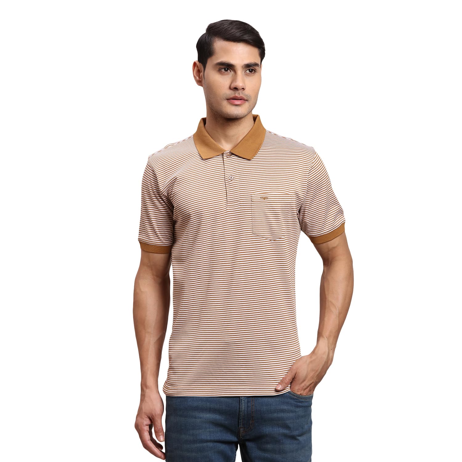 colorplus Men's Regular Fit Stripe Pattern Pure Cotton Half Sleeve Polo Neck Casual T-Shirt-picture-14
