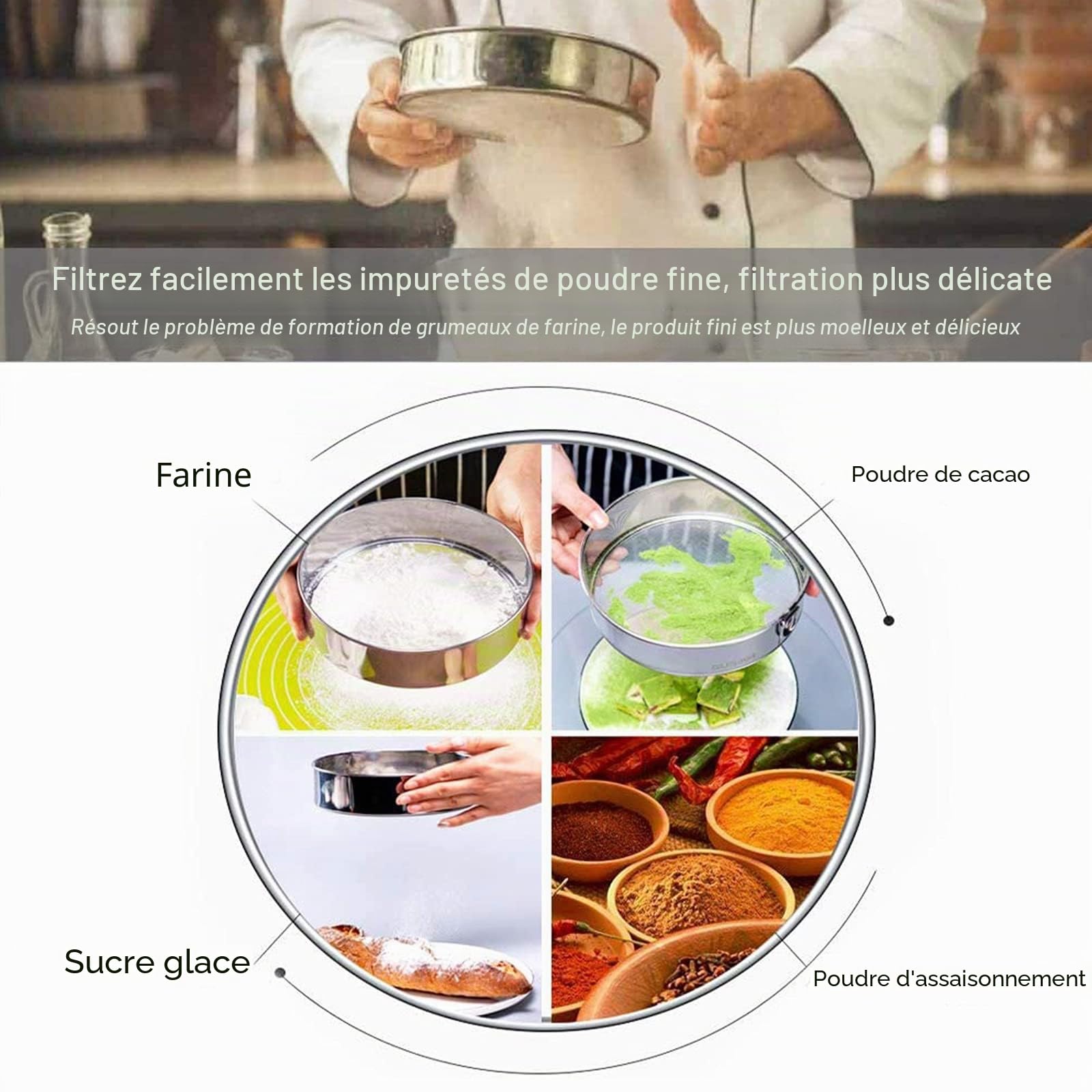 Tamis à mailles fines en acier inoxydable - Tamis de cuisine - Passoire à farine Riddler Pollen - Avec 150 mailles - Tamis à farine fine en acier inoxydable pour riz, céréales, haricots, fruits et