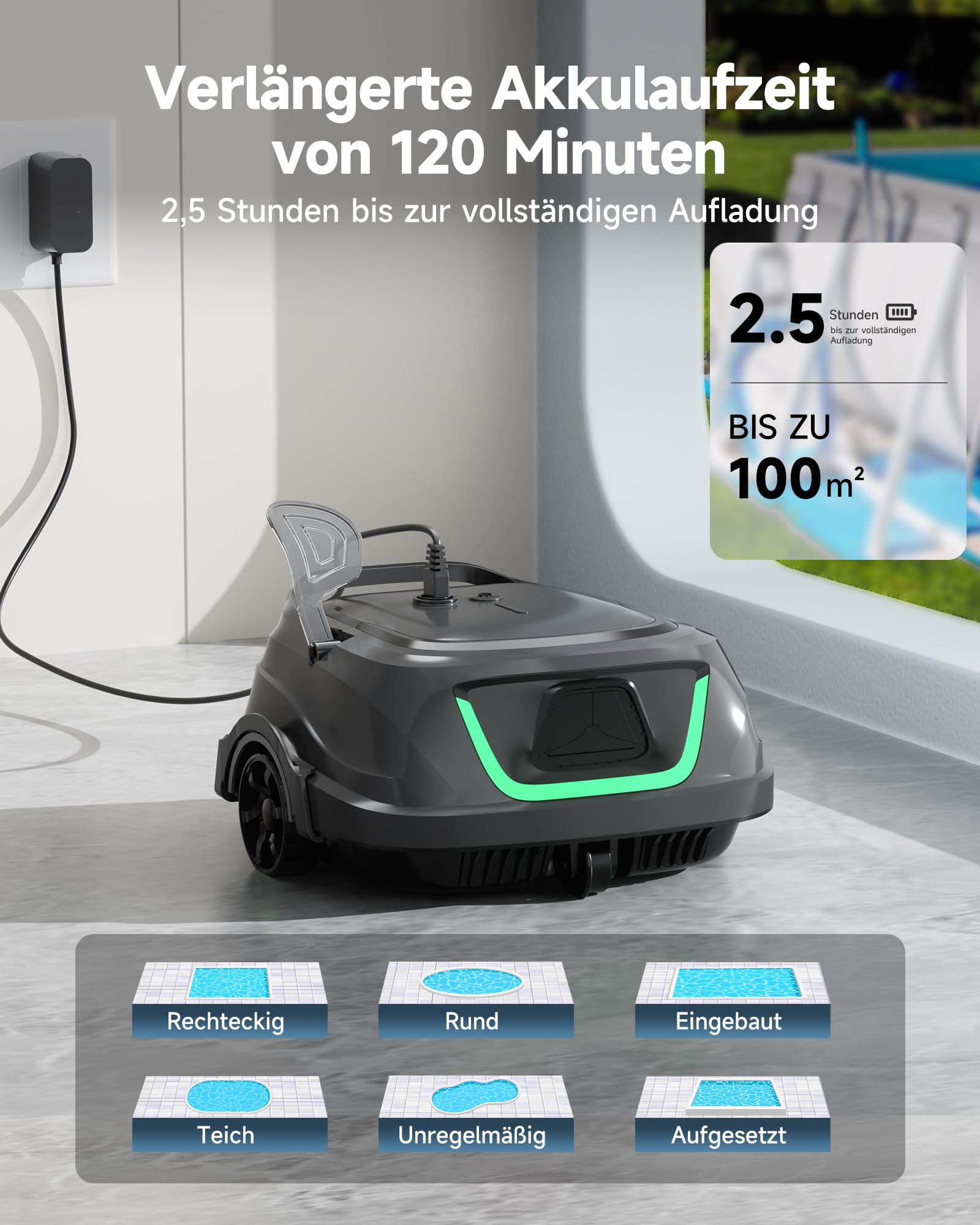 WYBOT A1max Kabelloser Poolroboter, Poolroboter Akku 130 Min Laufzeit, Doppelsiebe, Reinigt Flache Aufstellpools Bis 110 M², Ideal für Poolroboter für Aufstellpool,Waldgrün