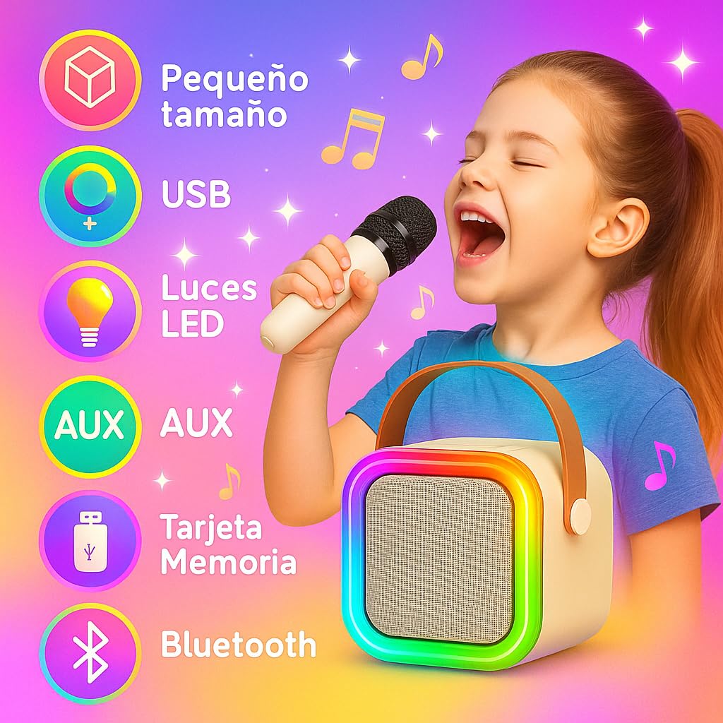 Karaoke con 2 micrófono inalámbricos. Mini Karaoke Infantil para niños. Bluetooth portátil con Altavoz y Luces LED y Efectos de Voz. Regalo para niños y Adultos