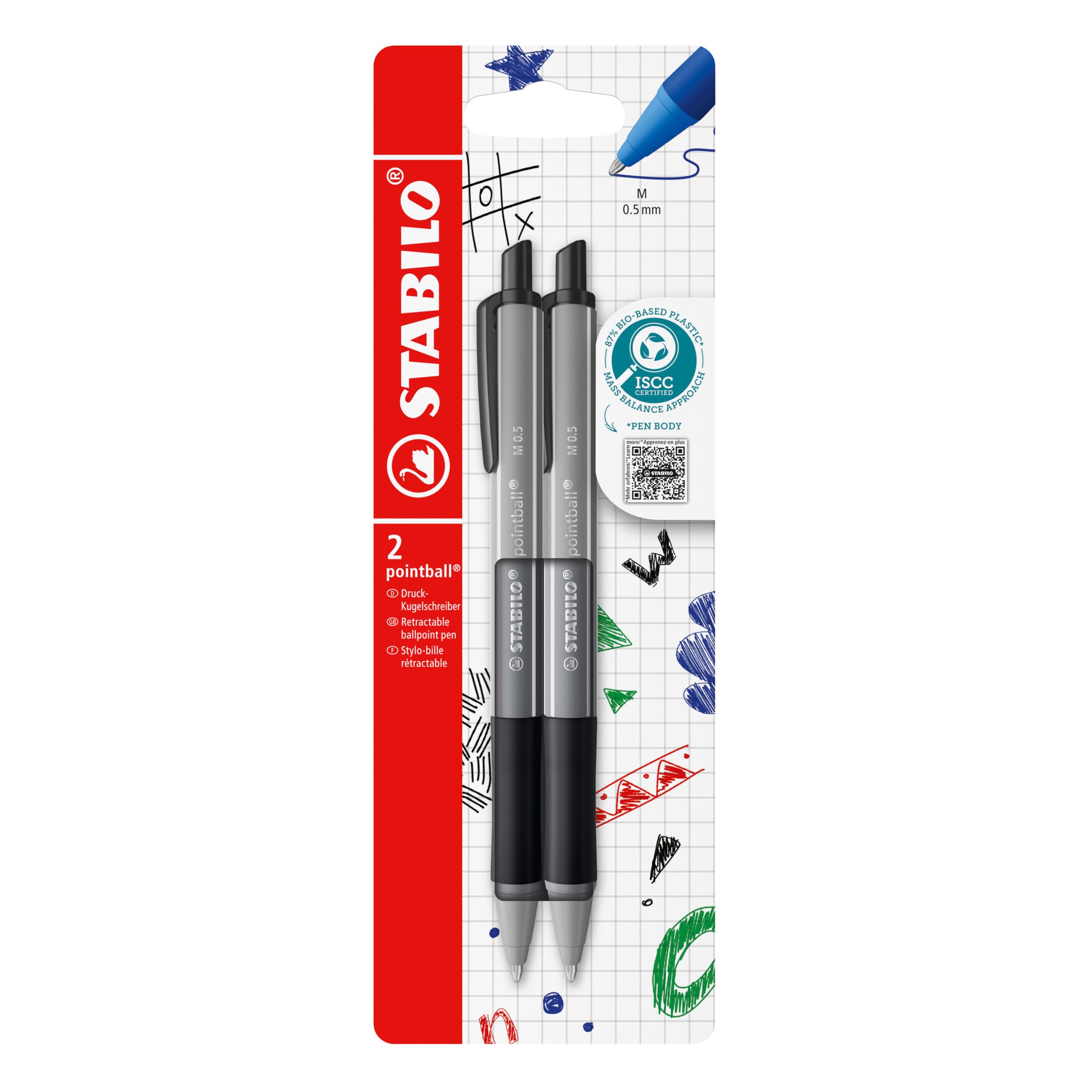 Ballpoint Pen - STABILO pointball Colourful - Pack of 2 - Dark Grey - Black Ink