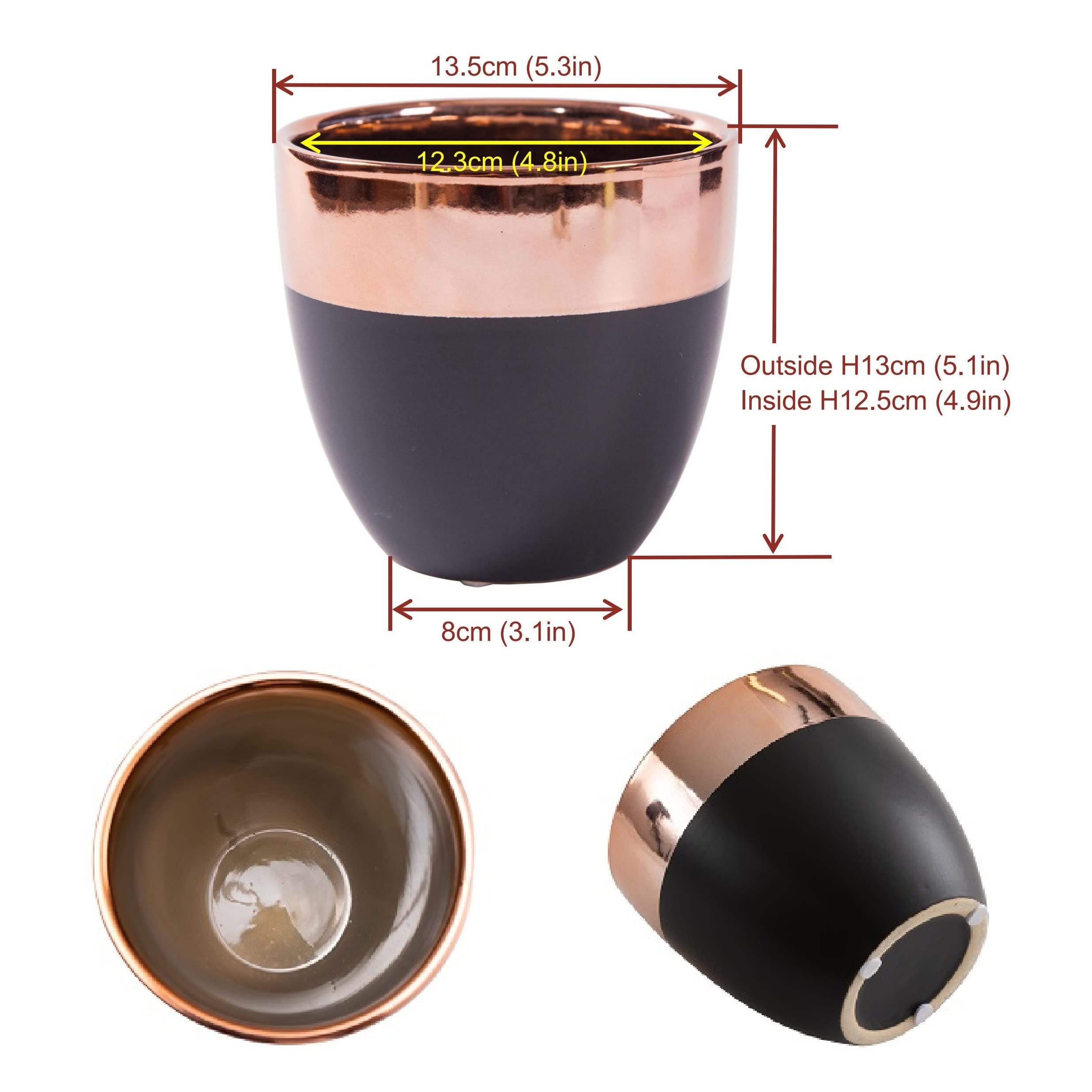 3er-Set Keramik Übertöpfe Blumentöpfe | Mattschwarz mit rosegoldenem Finish | Durchmesser 13,5 cm x H 13 cm