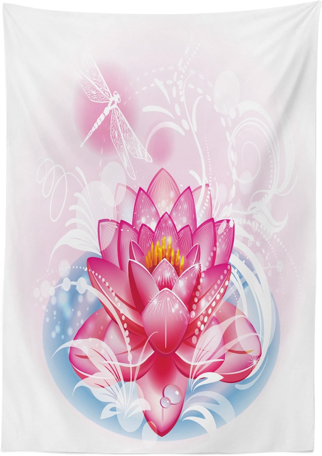 Ambesonne Flower Tablecloth, Mandala Motif Orient Yoga Theme Lotus Flower Figure with Abstract Mantis and Dots Photo, Dining Room Kitchen Rectangular Table Cover, 52" X 70", Pink 52" X 70" Pink