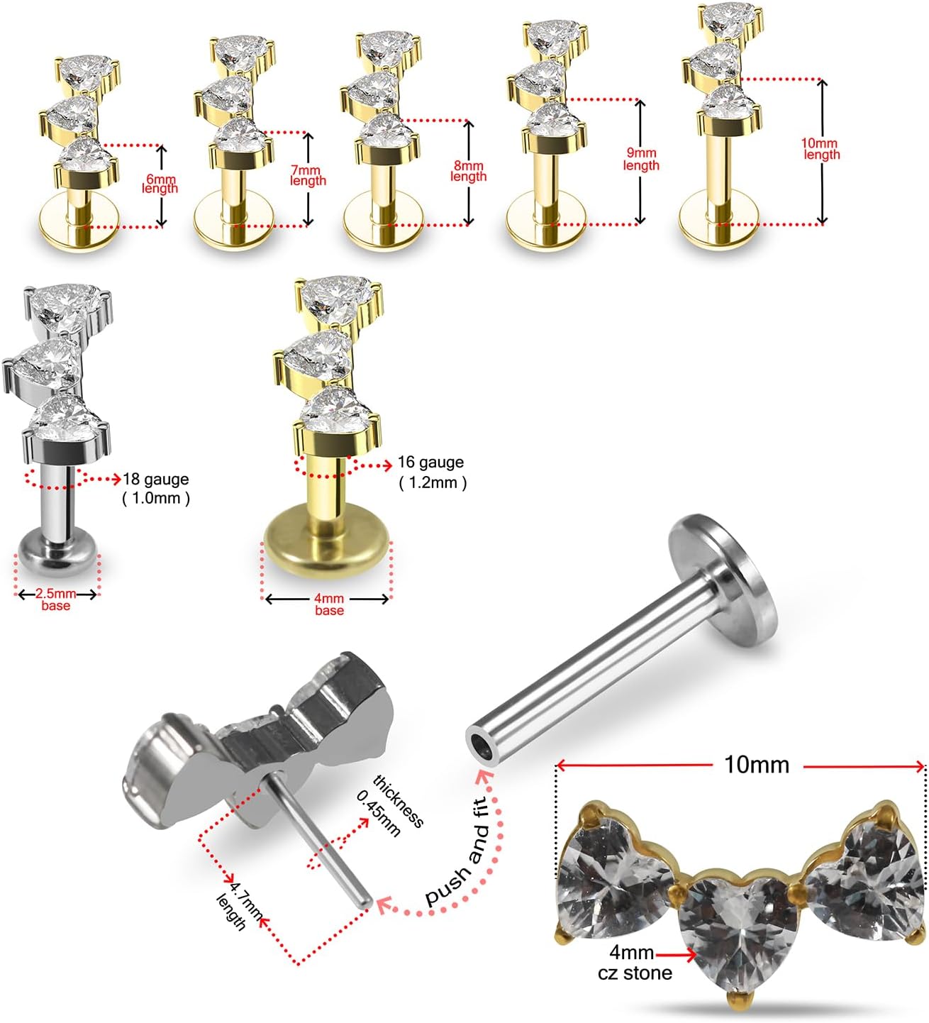 G23 Grade Titanium Triple Heart Cz Stones Design Top Push Fit Lip Labret - Tragus Bar Piercing - Labret Stud Helix - Tragus Piercing Jewelry
