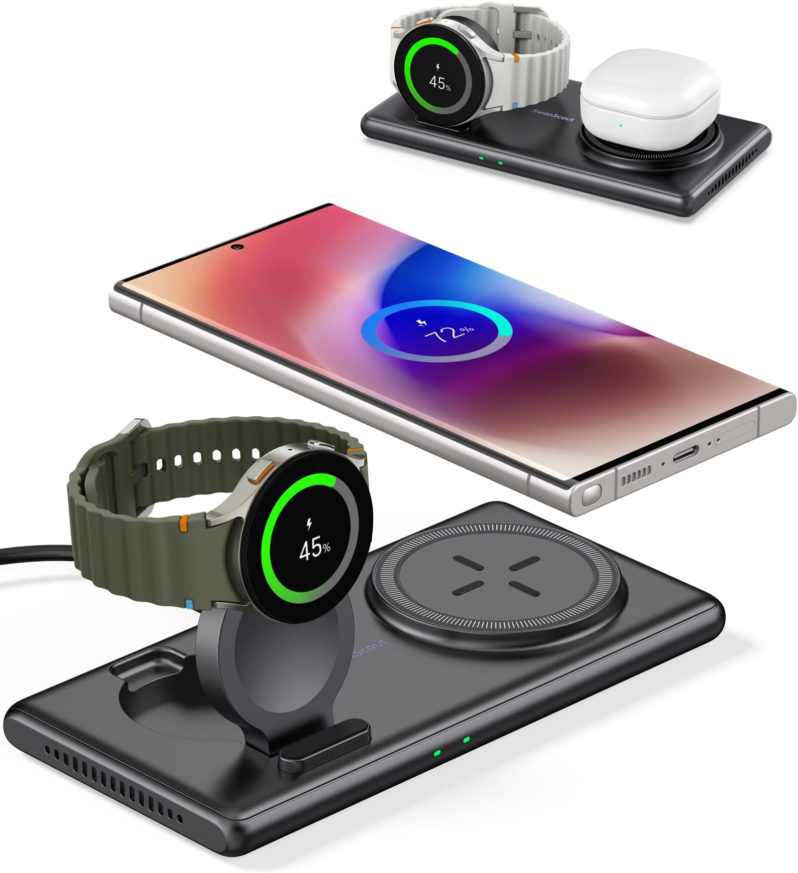 2 in 1 Wireless Charger for Samsung S25 Ultra/S25+/S25/Fold 7/Flip 7/24/23, Charging Station for Samsung Watch 8/8 Classic/Ultra 2025/7/6/5/4/3, Galaxy Buds,SwanScout 502S (No Adapter)