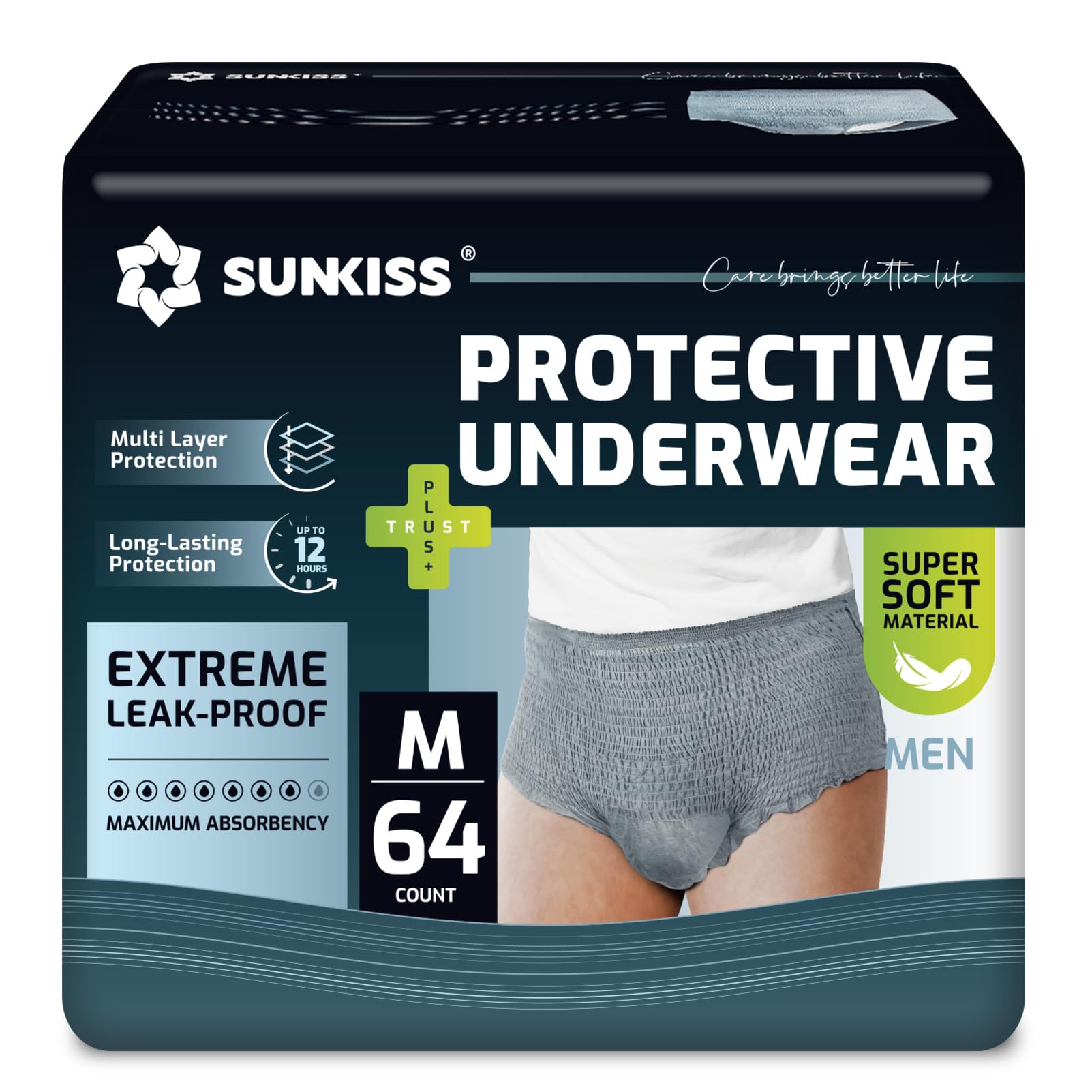 SUNKISS Mutande Assorbenti per Incontinenza Uomo,Pannoloni Monouso Giornalieri a Mutandina per Adulti, Pants Protettivi Assorbenti con Assorbenza Massima, Taglia M, Grigio, 64 Unità in 4 Confezioni