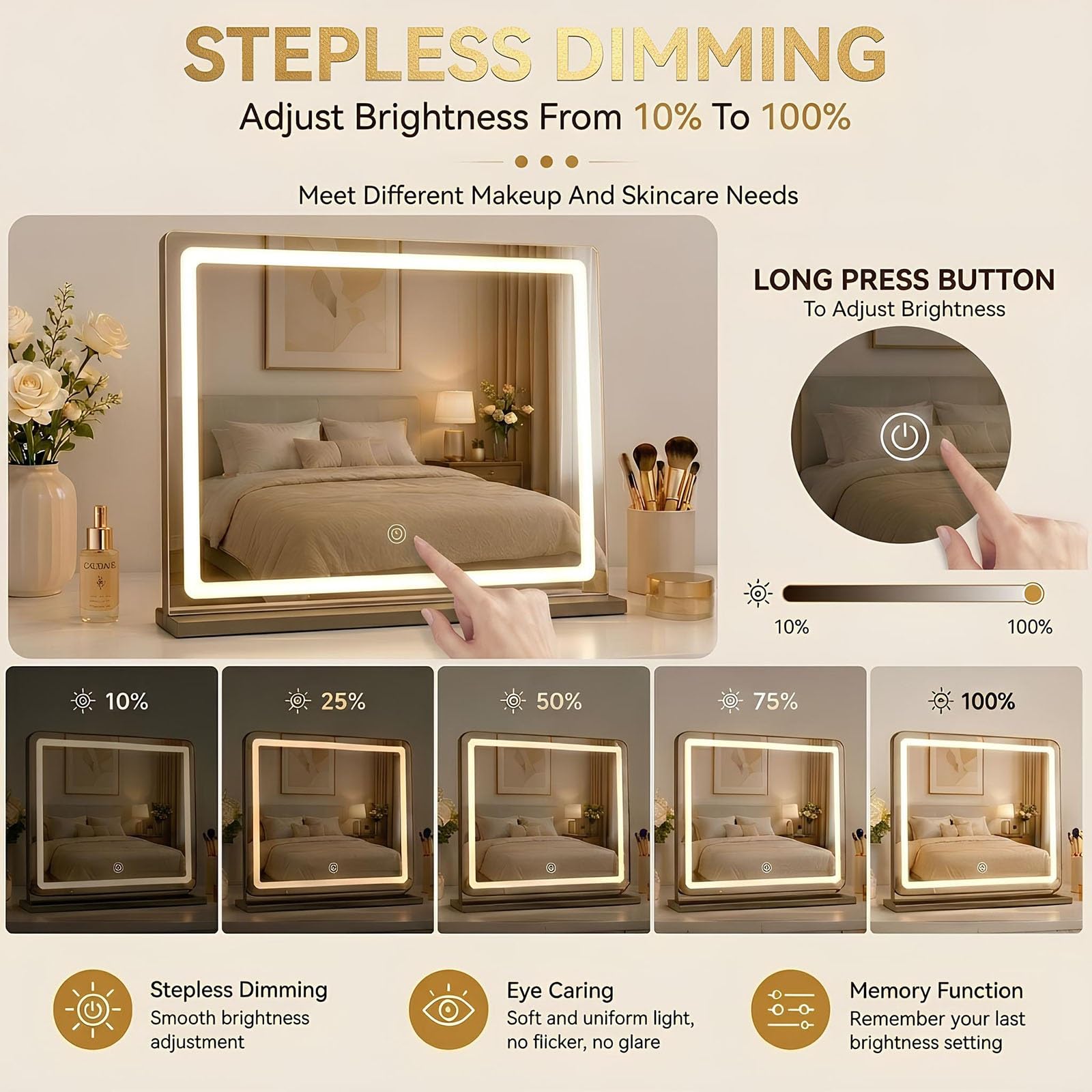 Specchio da Trucco LED con Controllo Touch, 3 Modalità di Luce & Luminosità Regolabile, Specchio HD per Toeletta, Specchio da Tavolo(Bianco)