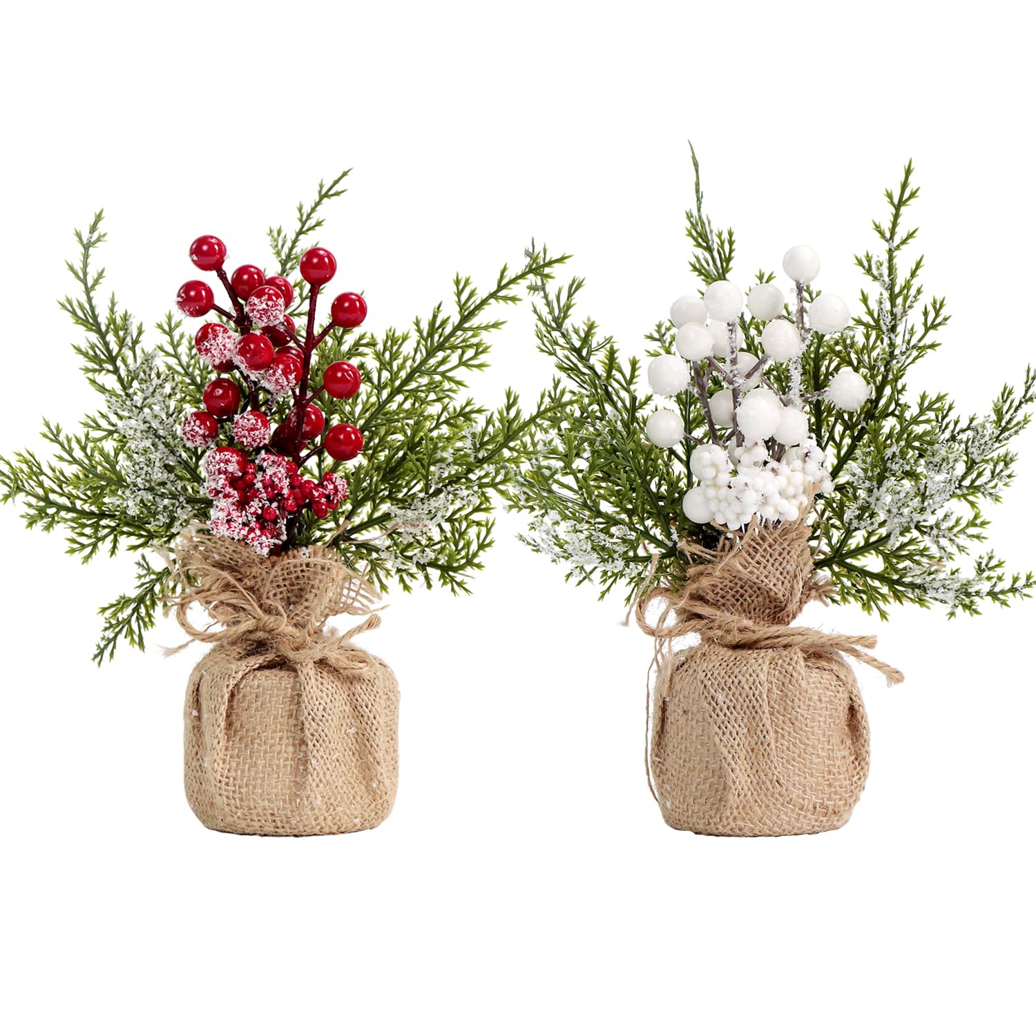 Artificial Snowy Pine Table Ornaments (Red/White)
