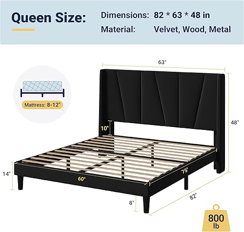 Miniatura 2 de Allewie Marco de Cama de Plataforma de Terciopelo Tamaño Queen con Cabecera Wingback Geométrica, Cama Tapizada Boho con Soporte de Listones de