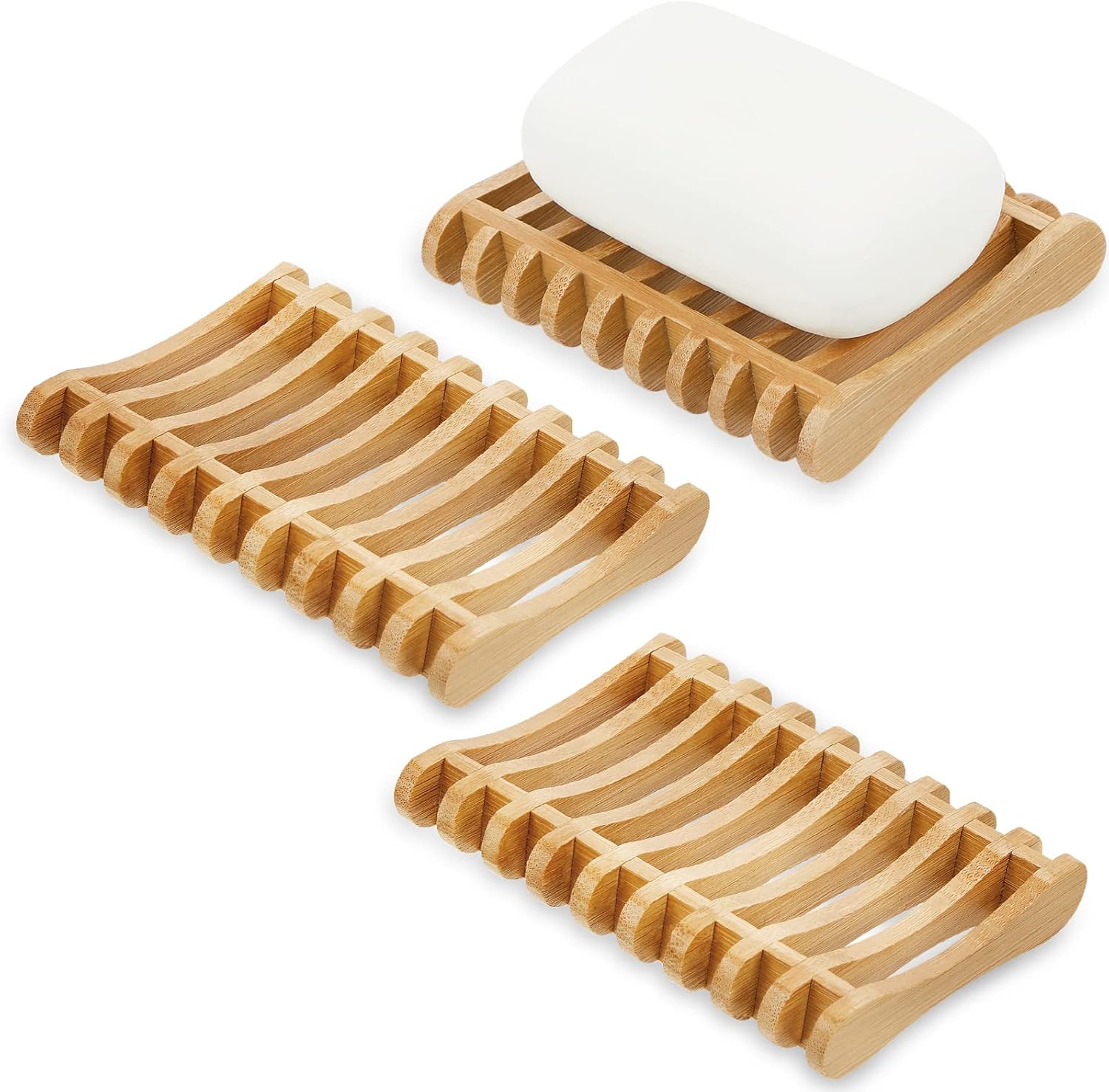 3 Pieces Bamboo Soap Dishes Self Draining Wooden Soap