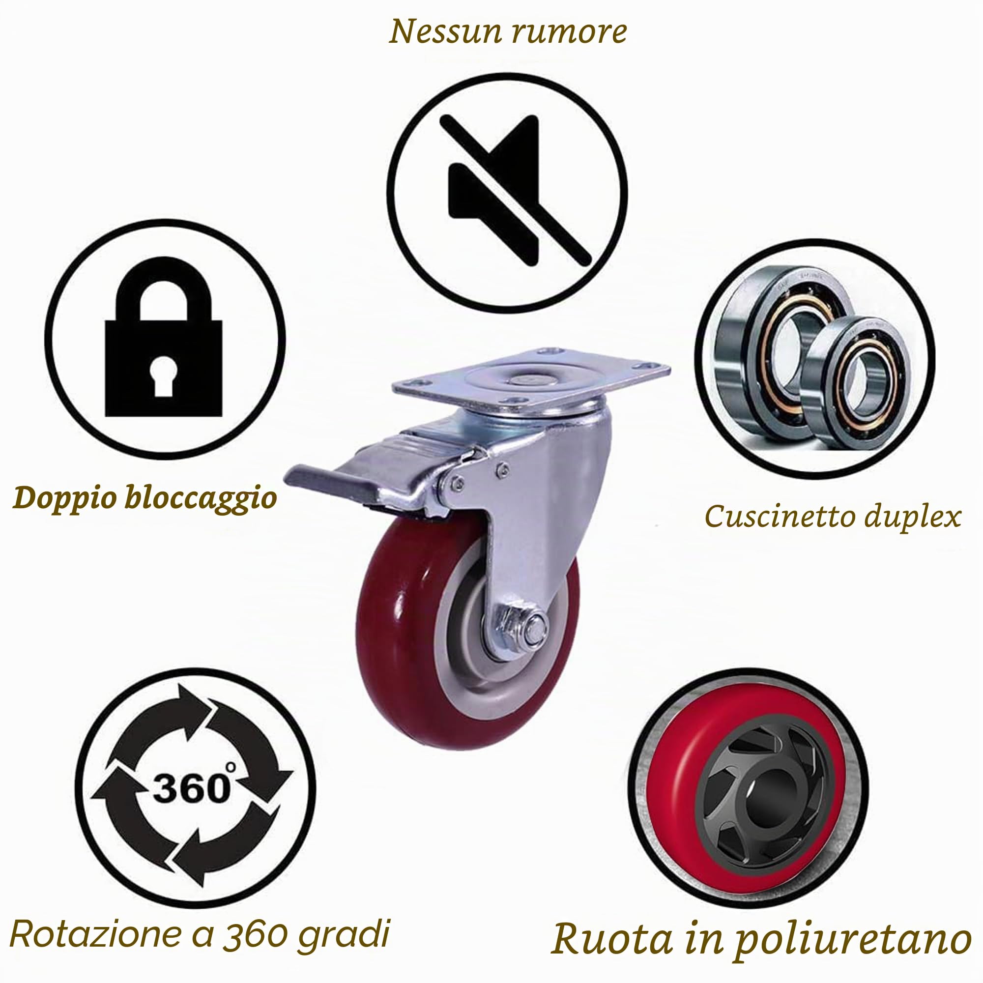 4 pezzi Ruote Per Carrello 100 mm Ruote per mobili con freno Girevoli Pesanti fino a 600kg Rosso