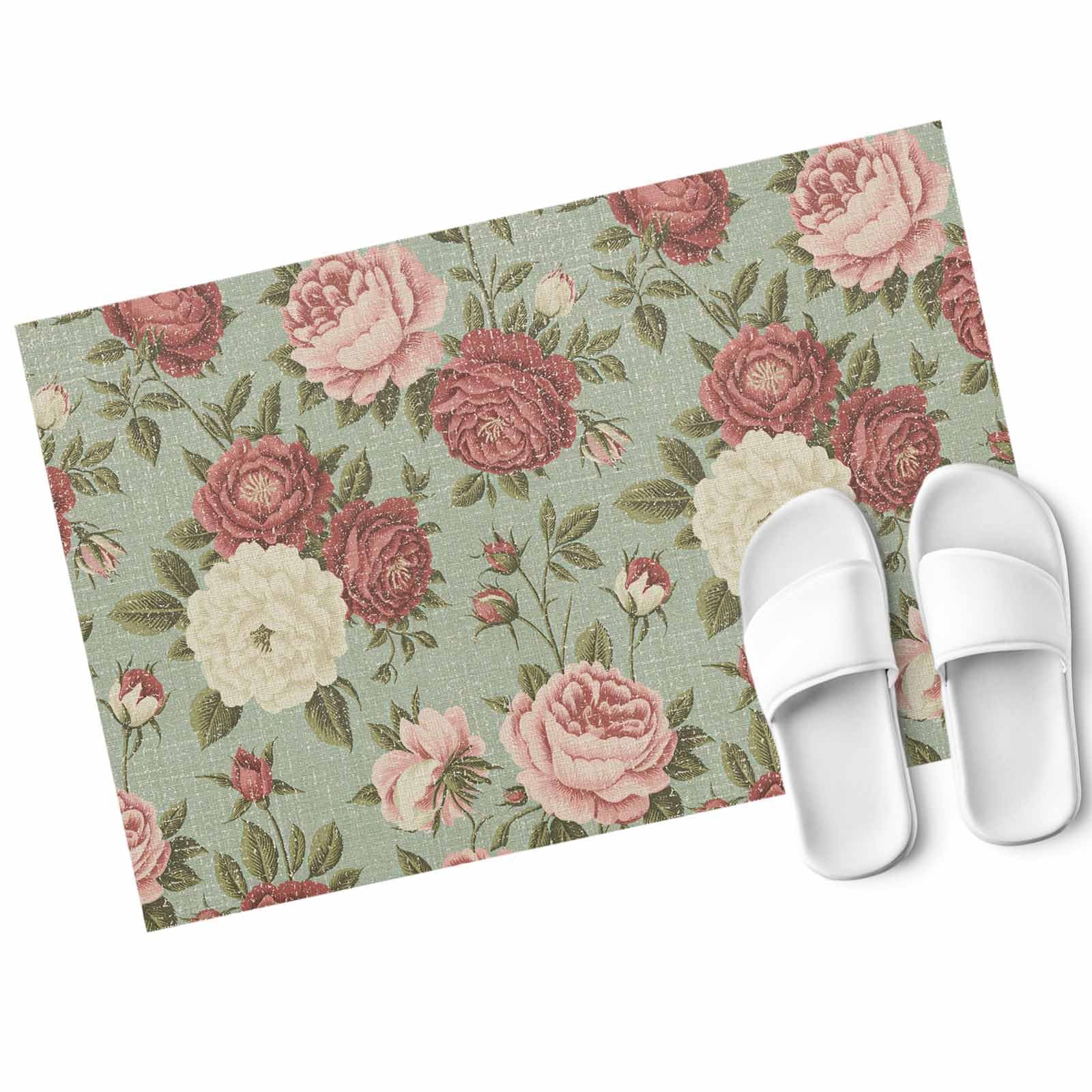Roses Flowers Doormats Entrance Front Door Rug Spring Floral Pink Red Vintage Mat for Indoor/Bathroom/Kitchen/Bedroom/Entryway Floor Mats Floral Kitchen Rug Non-Slip Rubber Low-Profile 23.6x15.7 inch