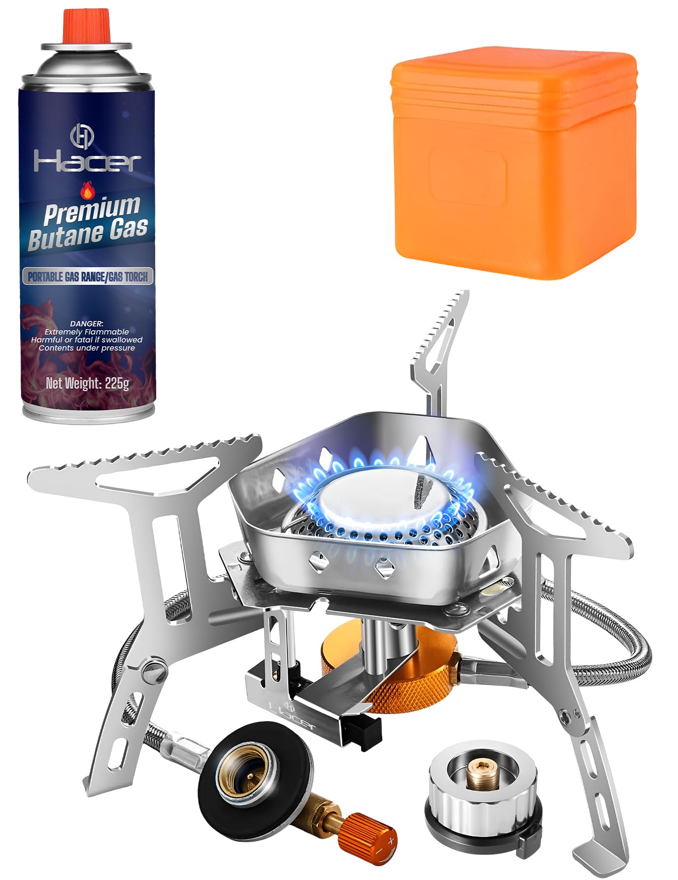 Hacer Portable Camping Gas Stove with Piezo Ignition & Storage Box with Butane Gas Stainless Steel Folding Burner for BBQ Hiking Trekking Traveling and Emergency Use (1 Stove + 1 Butane)