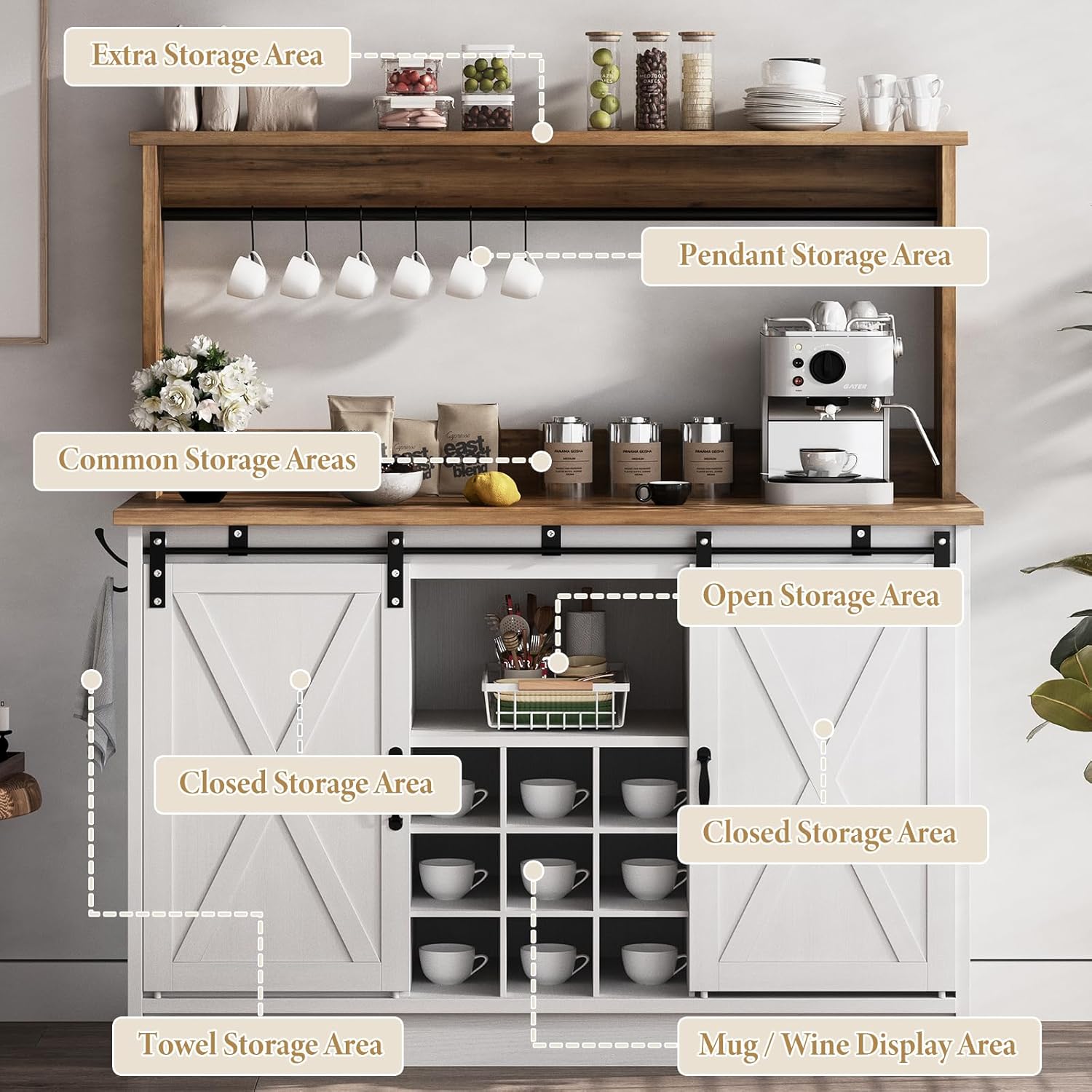 4ever2buy Farmhouse Coffee Bar Cabinet with Storage, 47'' Buffet Cabinet with Hutch and Sliding Barn Door, Coffee Bar with 9 Wine Racks and 6 Hooks for Dining Room, Living Room, White