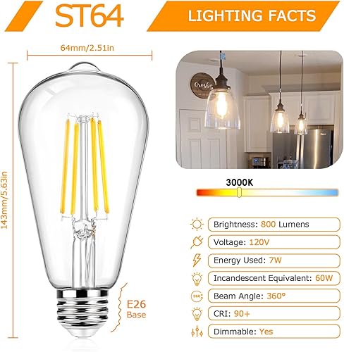 Vista 21 de Paquete de 12 bombillas LED Edison ST64 grandes, estilo vintage, equivalente a 60 W, 7 W, 800 lúmenes, filamento LED antiguo regulable, blanco