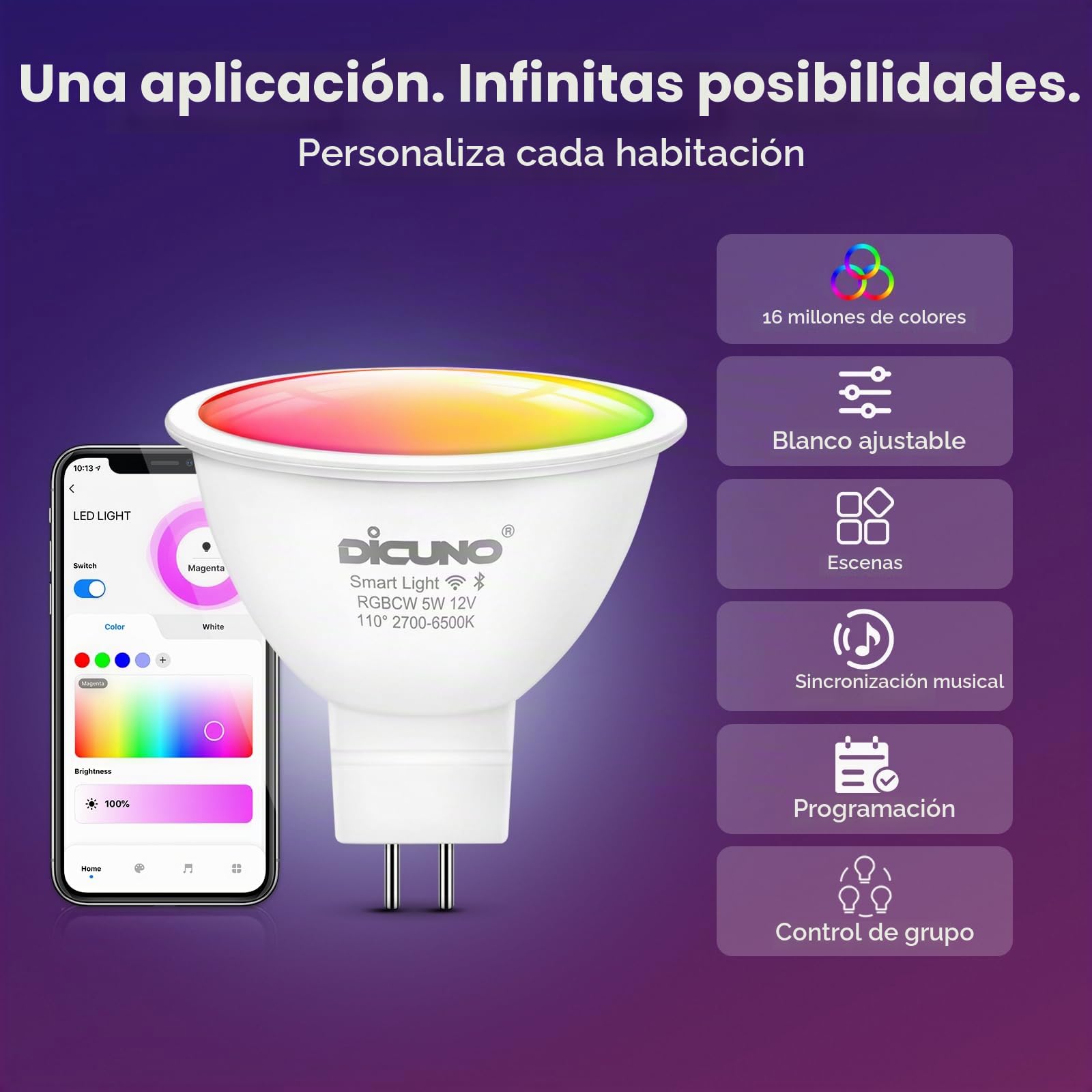 DiCUNO Bombilla LED Inteligente WiFi GU5.3, 5W Equiv. 40W, RGBCW, Pack de 4 | Regulable multicolor 2700K-6500K, 320lm, MR16 Smart LED Compatible con Alexa/Google Home, No se Requiere Concentrador