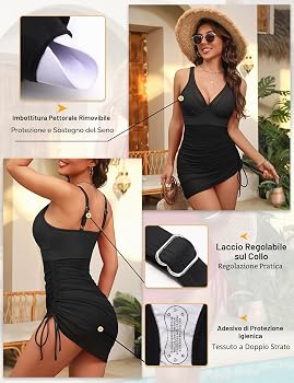 Costume Intero Modellante Per Donna Curvy: Scollo A V In Rete, Vita Alta, Gonna Sarong Con Coulisse, Push-up, Pancia Piatta E Cosce Coperte - 3