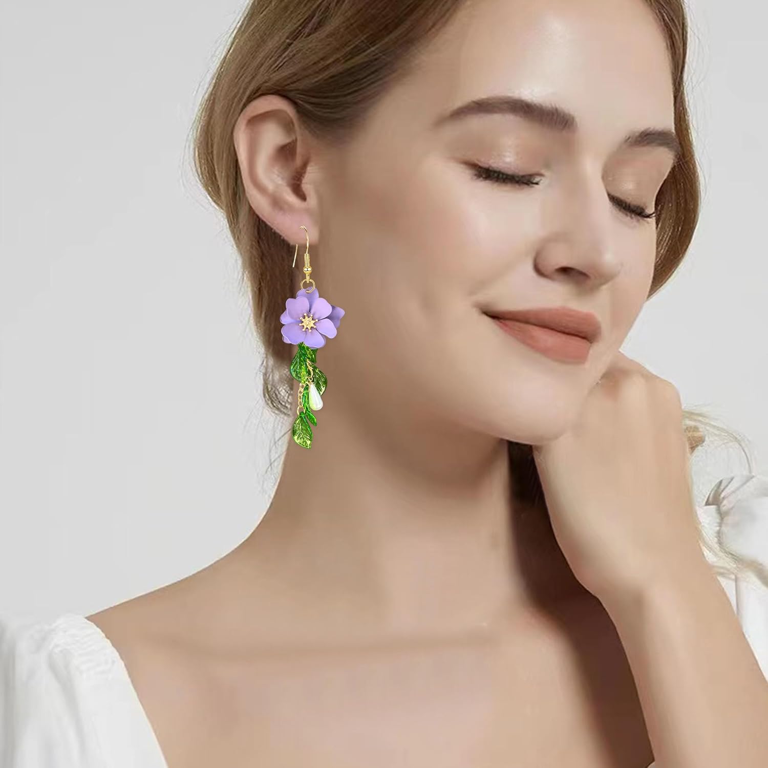 Summer Beach Flower Tassel Earrings for Women Boho Long Flower Dangle Floral Petals Drop Earring for Statement Vacation With Green Leaf - Image 4