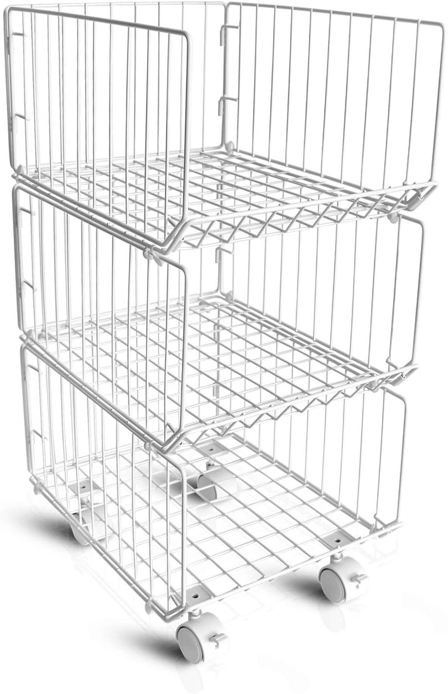 Storage Organizer, Foldable Stackable Storage Bins 3 Tiers Rolling Metal Wire Cart Baskets with 4 Wheels DIY Closet Organizer for Bathroom Bedroom Kitchen Living Room Office