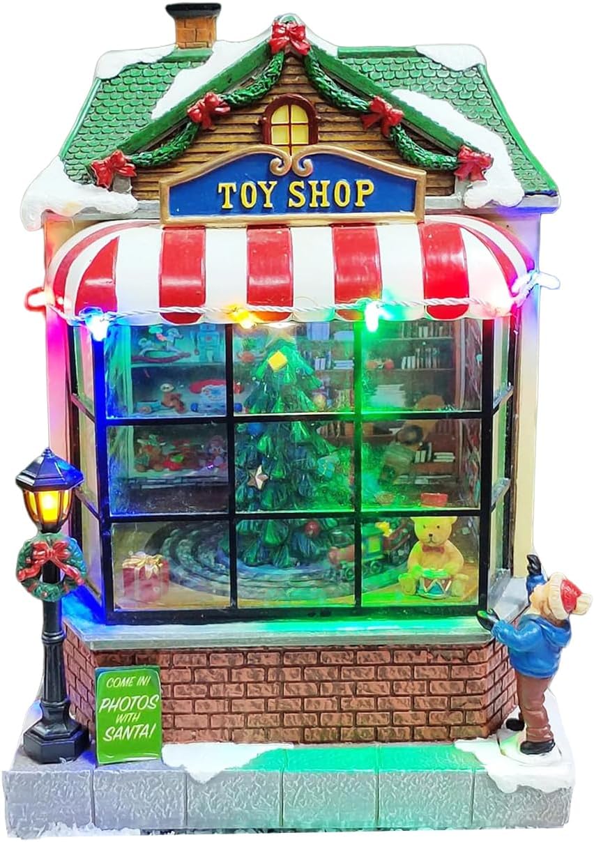 Animated Toy Shop Christmas Village House Moments in Timewith LED Lights and Music 9.7”H Moving Christmas Tree Hand-Painted Holiday Decor Battery Operated