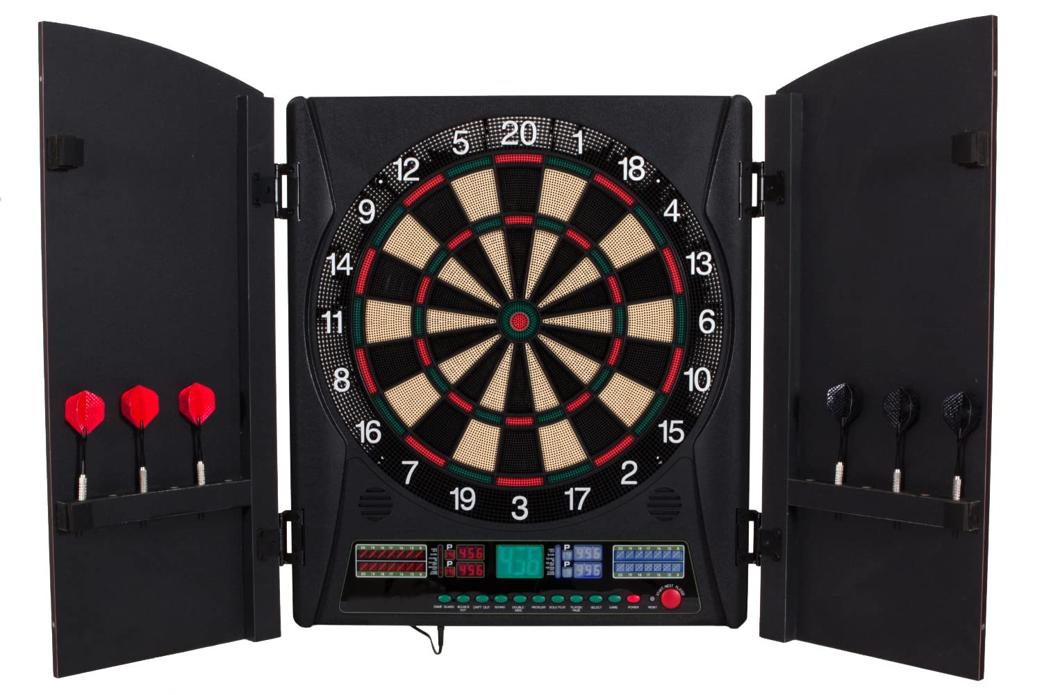 Arachnid Bullshooter Marauder 5.0 Electronic Soft Tip Dartboard Cabinet Set with Integrated Wood Doors Ideal for Any Game Room
