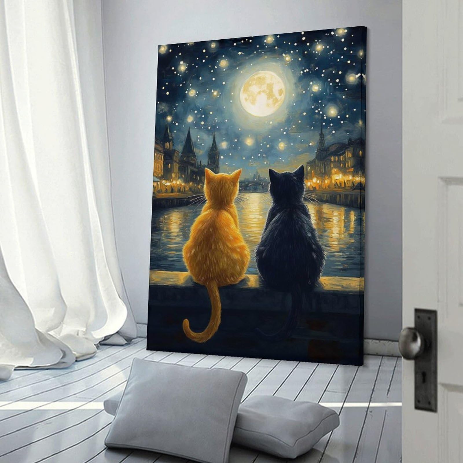 Junmoney Frame-Style-8 Starry Night Cats Romance Canvas Wall Decor, 12X18inch(30X45cm), For Wall Displays, Bedrooms Or Room Updates, Wall Decor Suited To Curated Displays