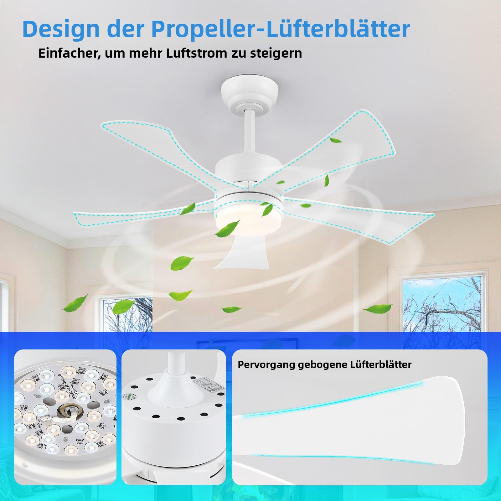 105 cm Deckenventilator mit Licht, Moderner Weißer Deckenventilator mit App-Fernbedienung, DC-Motor (leise), 3CCT dimmbare Beleuchtung mit Memoryfunktion, LED Deckenventilator für Schlafzimmer