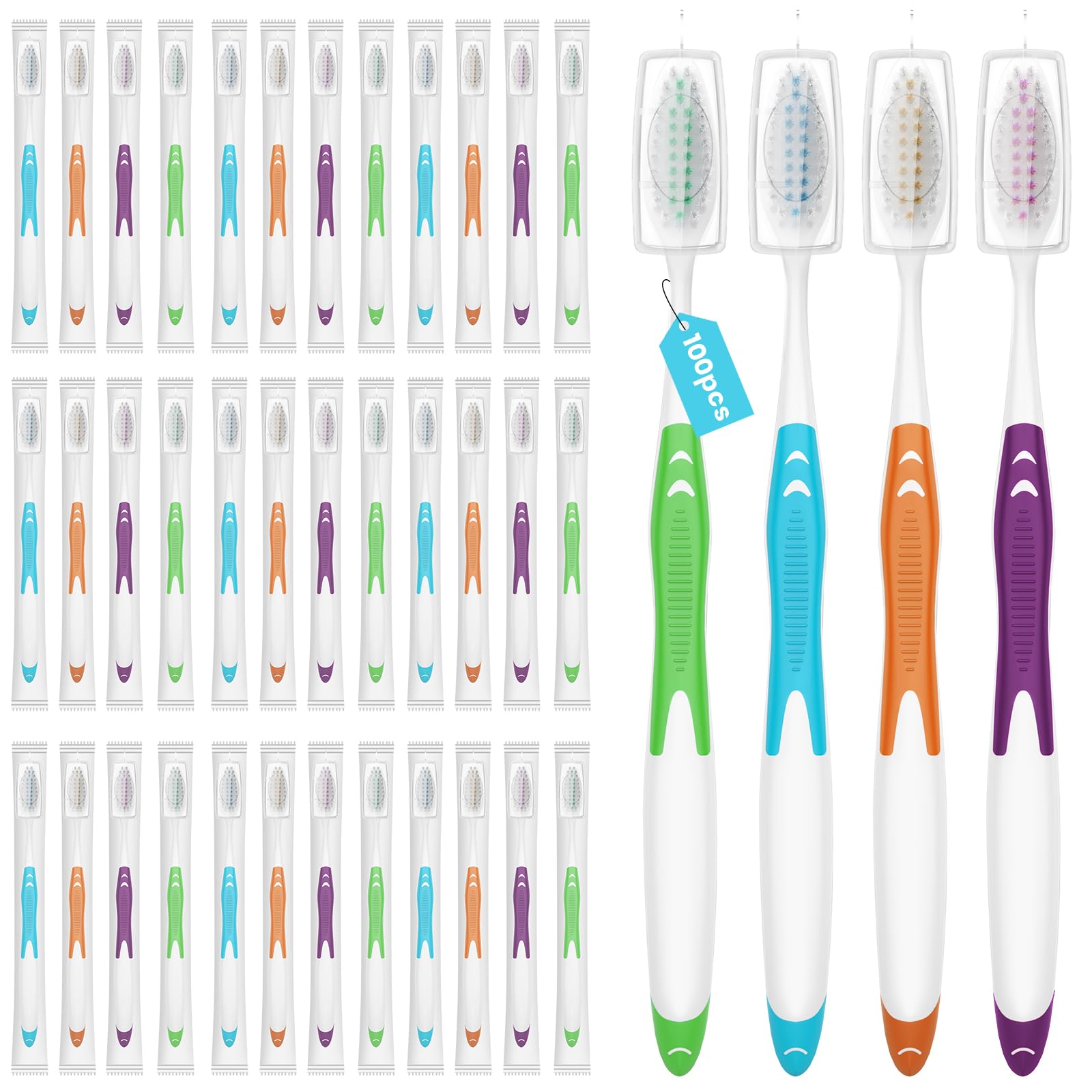 Frekare Paquete de 100 cepillos de dientes a granel con fundas, paquete de cepillos de dientes envueltos individualmente para adultos y niños, cepillo de dientes desechable mediano suave para viajes,