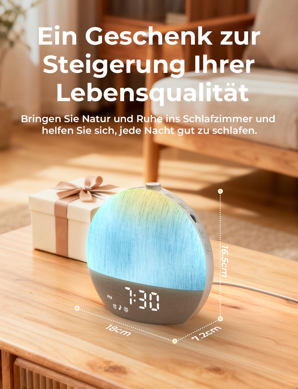 LIORQUE Tageslichtwecker, Sonnenaufgang Simulation, Bluetooth, Stoffdesign