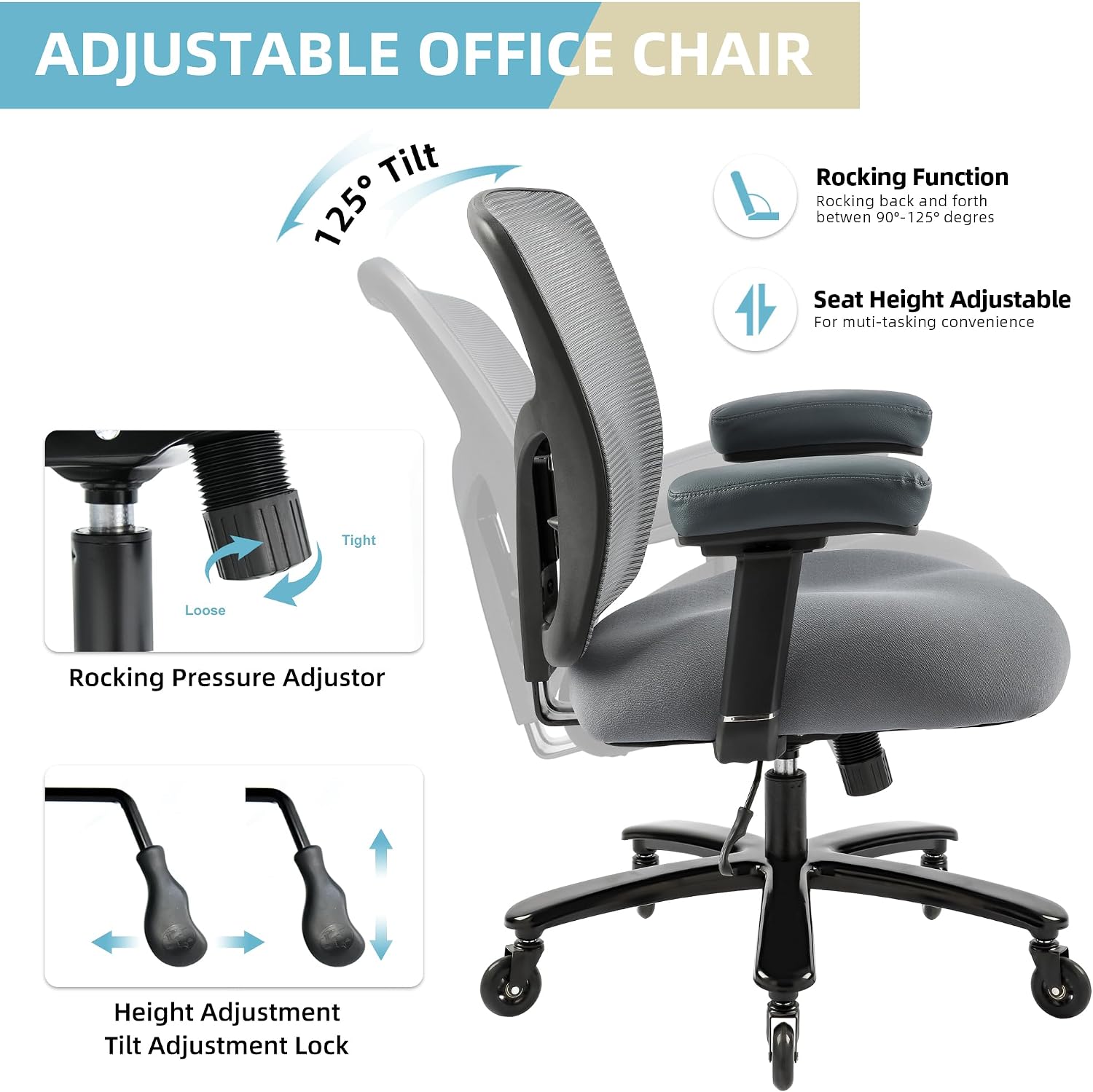 Diagram illustrating the 125-degree tilt function, rocking pressure adjustor, and seat height adjustment lever of the Coolka office chair