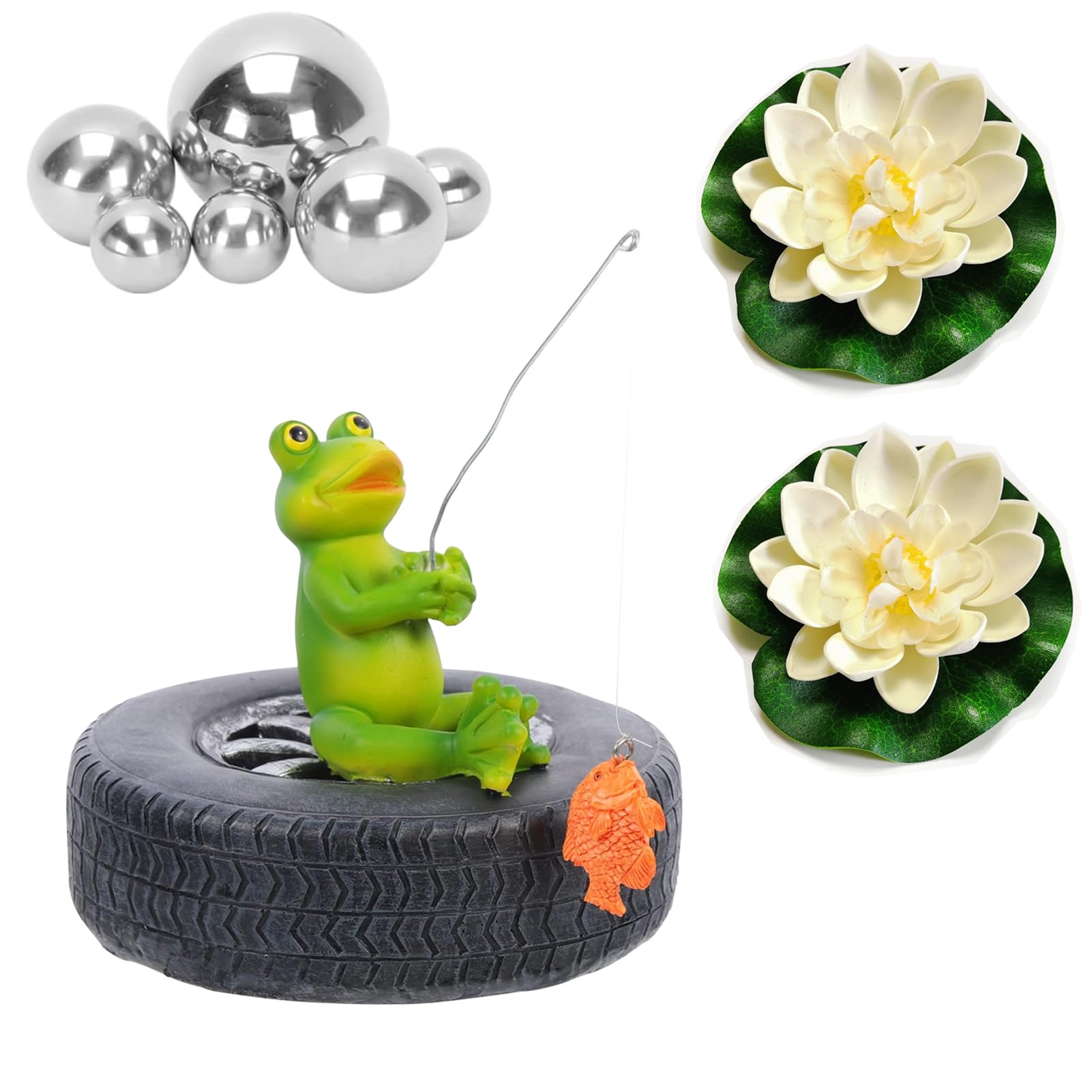 Teichdeko Miniteich Schwimmende Frosch Deko Mit 6 Schwimmkugeln 2 Schwimmend Lotusb, Gartenfiguren Außen Wetterfest Harz Statue Deko Figur Frosch Gartendeko Für Gartenteich Balkon Miniteich Becken (I)