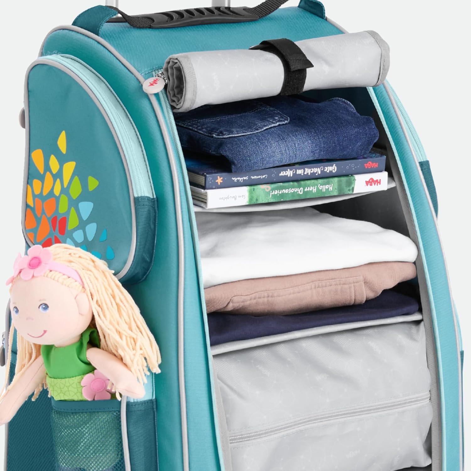 HABA Kinder-Schranktrolley Petrol mit 4 Rollen – Kinderkoffer aus recyceltem Polyester mit Schmutzwäschebeutel, 3 herausnehmbaren Böden und 4 Reißverschluss-Außentaschen – 2012724001