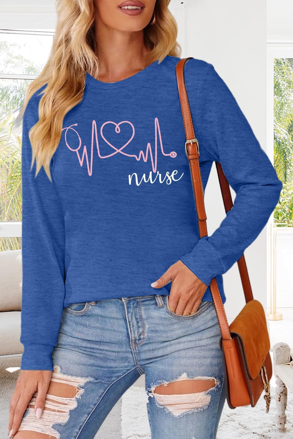 SFHFY Nurse Shirts for Women Heartbeat Print Tops Casual Long Sleeve Heartbeat Love Pullover for Nurse Life Shirt - Image 4
