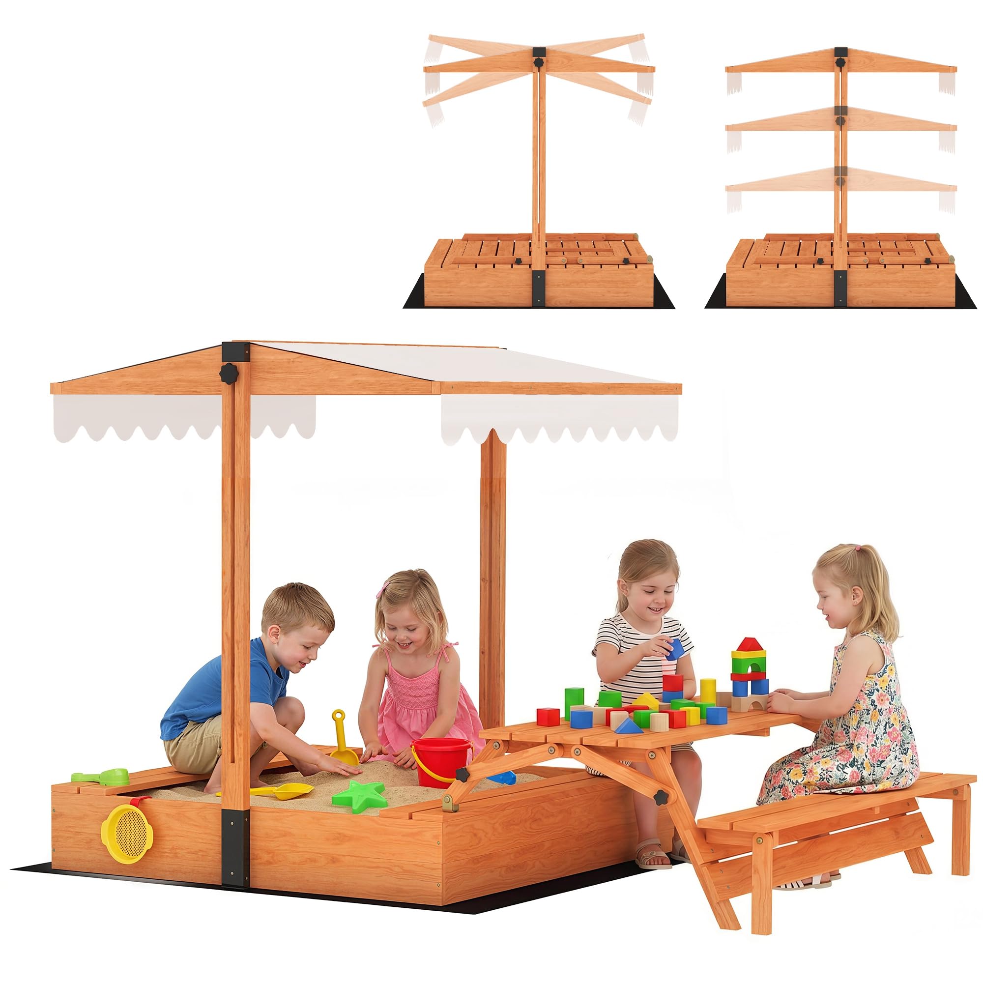 AIYAPLAY Arenero para Niños de Madera con Toldo Ajustable, Mesa Plegable de Picnic con Banco, Arenero Infantil con Asientos, Cubierta, para 6 Niños 3-8 Años, para Patio, Jardín, 184x110x120 cm, Marrón