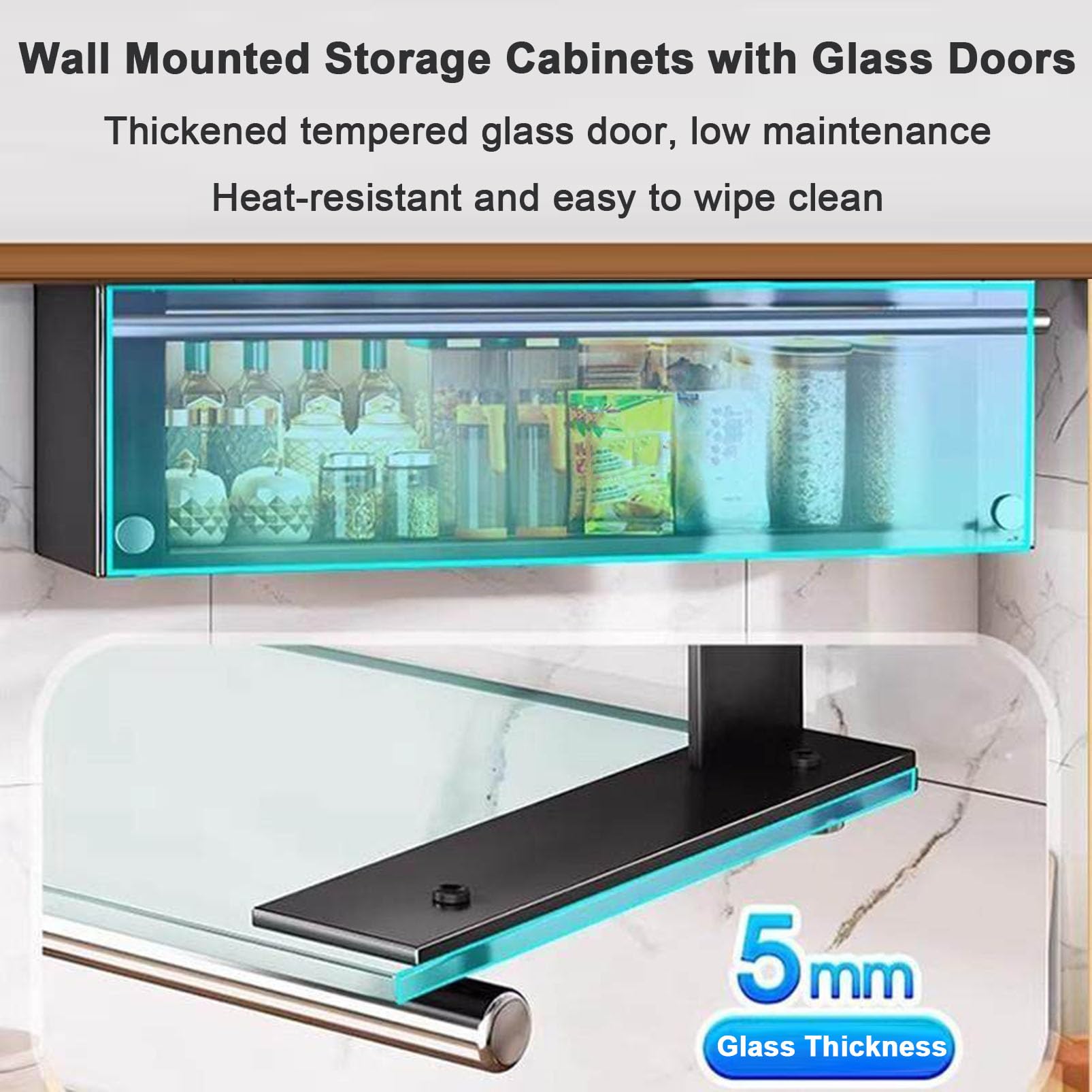 Armoire de Rangement Murale avec Porte en Verre Rabattable, Organisateur de Garde-Manger de Cuisine et Buffet pour épices/Assiettes/Tasses, Armoire de Bar à vin et café pour Salle à Manger