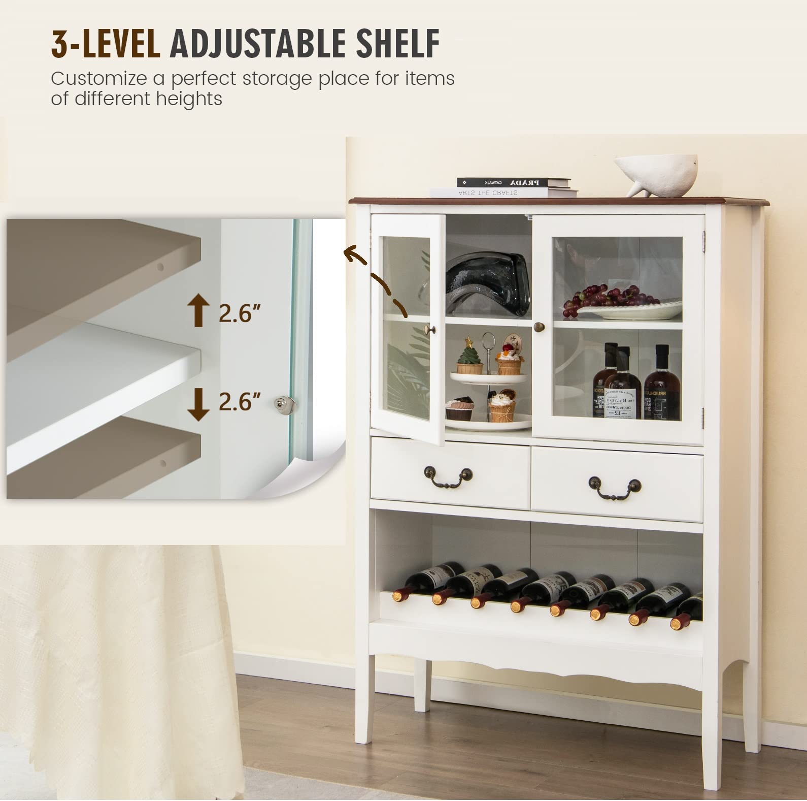 GIANTEX Weinschrank Weinregal Sideboard, Küchenschrank Buffetschrank mit 2 Glastüren & 2 Schubladen, Flaschenregal für 8 Flaschen, Aufbewahrungsschrank mit Kippsicherung, Vitrinenschrank 90x40x126,5cm