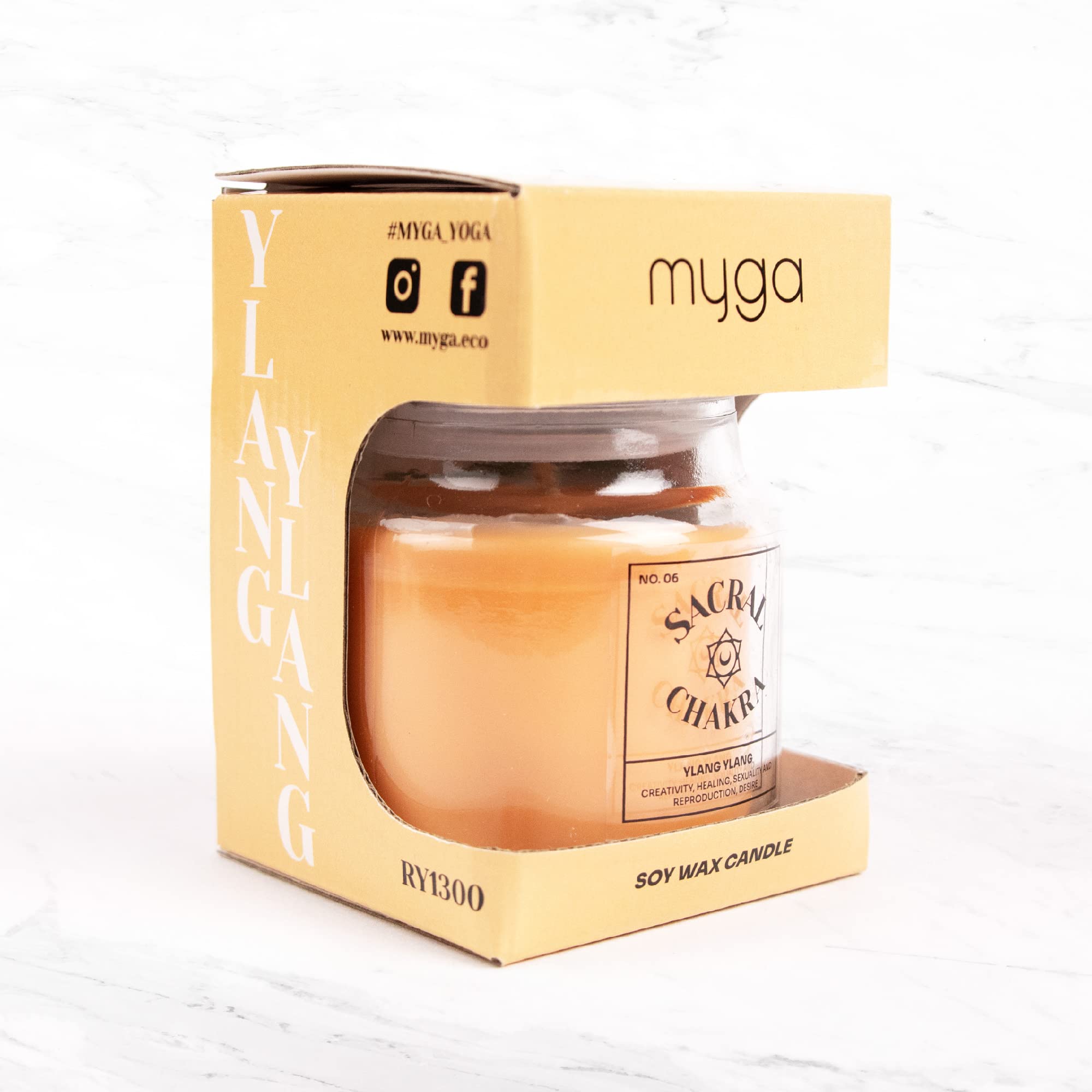 Myga RY1300 Candela Profumata Chakra Sacrale con Cera di Soia al Profumo di Ylang Ylang - Creatività, Guarigione, Riproduzione e Desiderio - Arancione