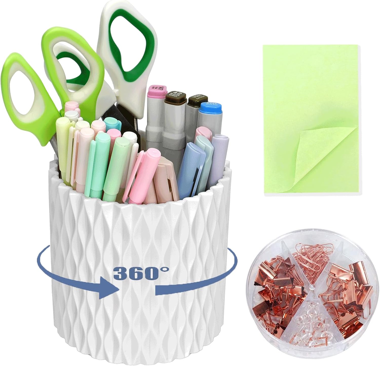 3Pcs 360° Rotating Desk Organizers and Accessories with Pen Holder Sticky Note and Clips Set, Desktop Storage Stationery Supplies Organizer, Cute Pencil Cup for Office, School, Dorm Room Rose Gold