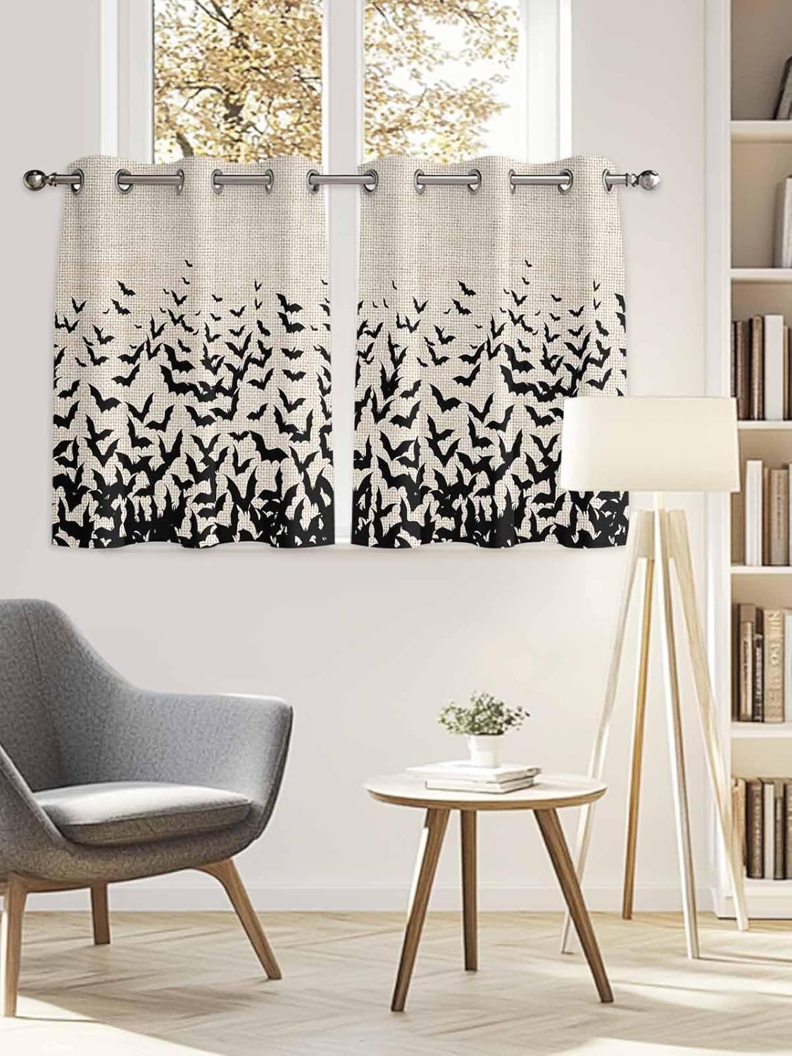 Window Curtains with Grommet Top Scary Halloween Window Panels Drapes Black Bats on Vintage Texture for Bedroom Living Room Kitchen Decor, 52x52inx2