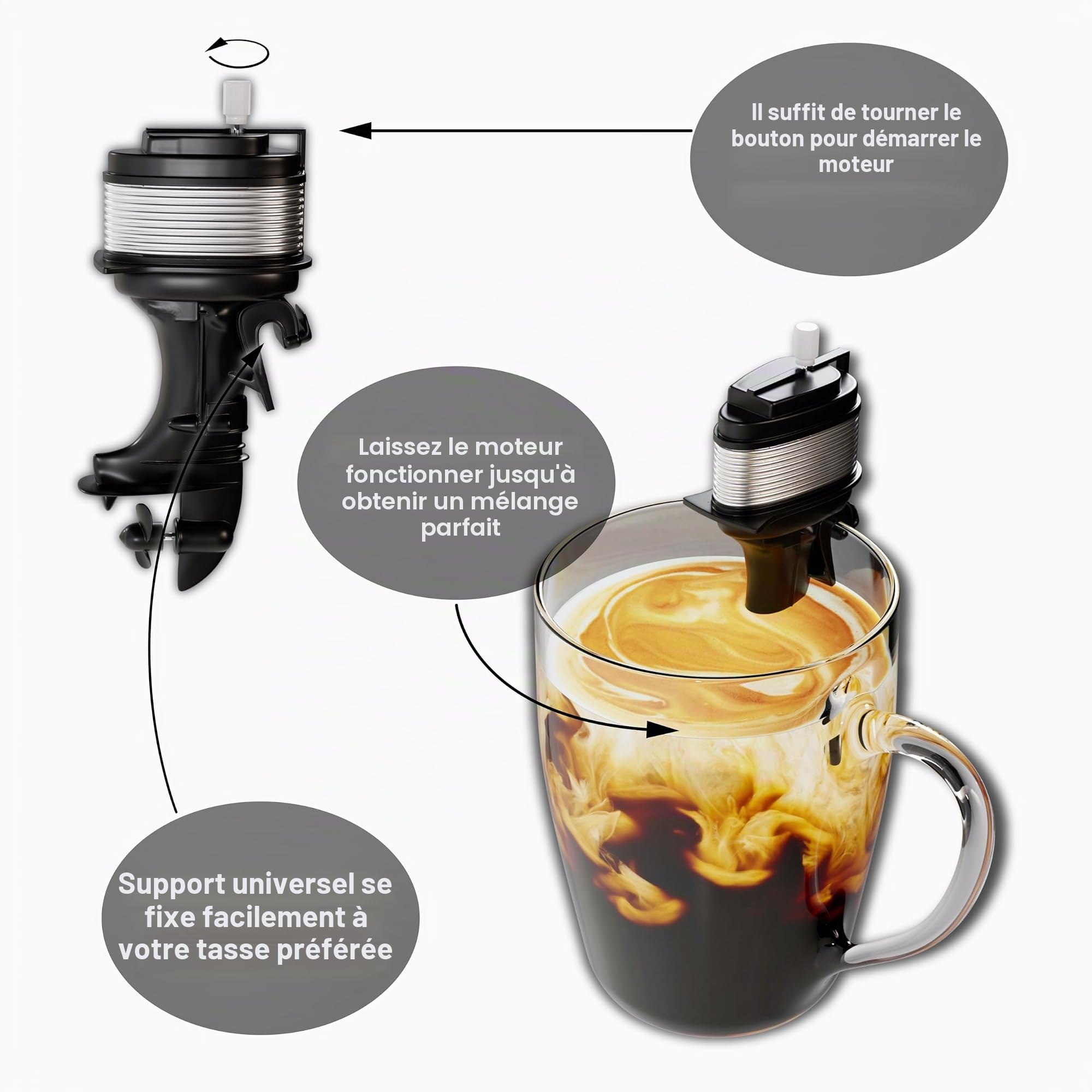 The Motor Mixer by HMC – Mélangeur à café à remonter en forme de bateau hors-bord – Fonctionne avec tasses, tasses et verres – Gadget unique pour mélanger les boissons